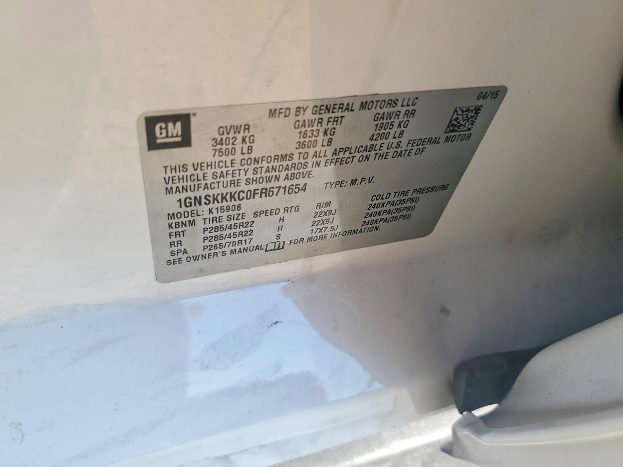 2015 Chevrolet Suburban K1500 Ltz White vin: 1GNSKKKC0FR671654