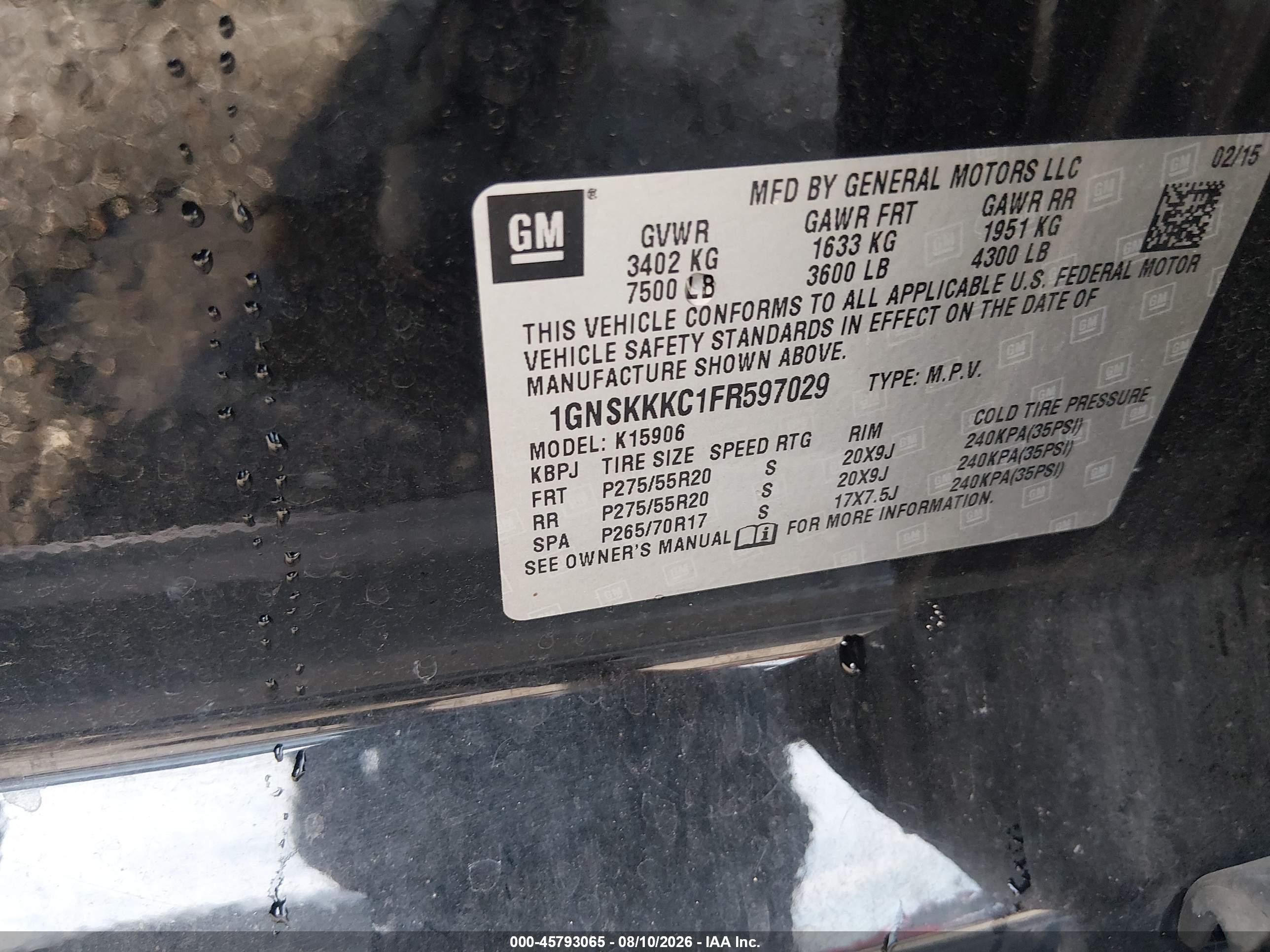 2015 Chevrolet Suburban Ltz Black vin: 1GNSKKKC1FR597029