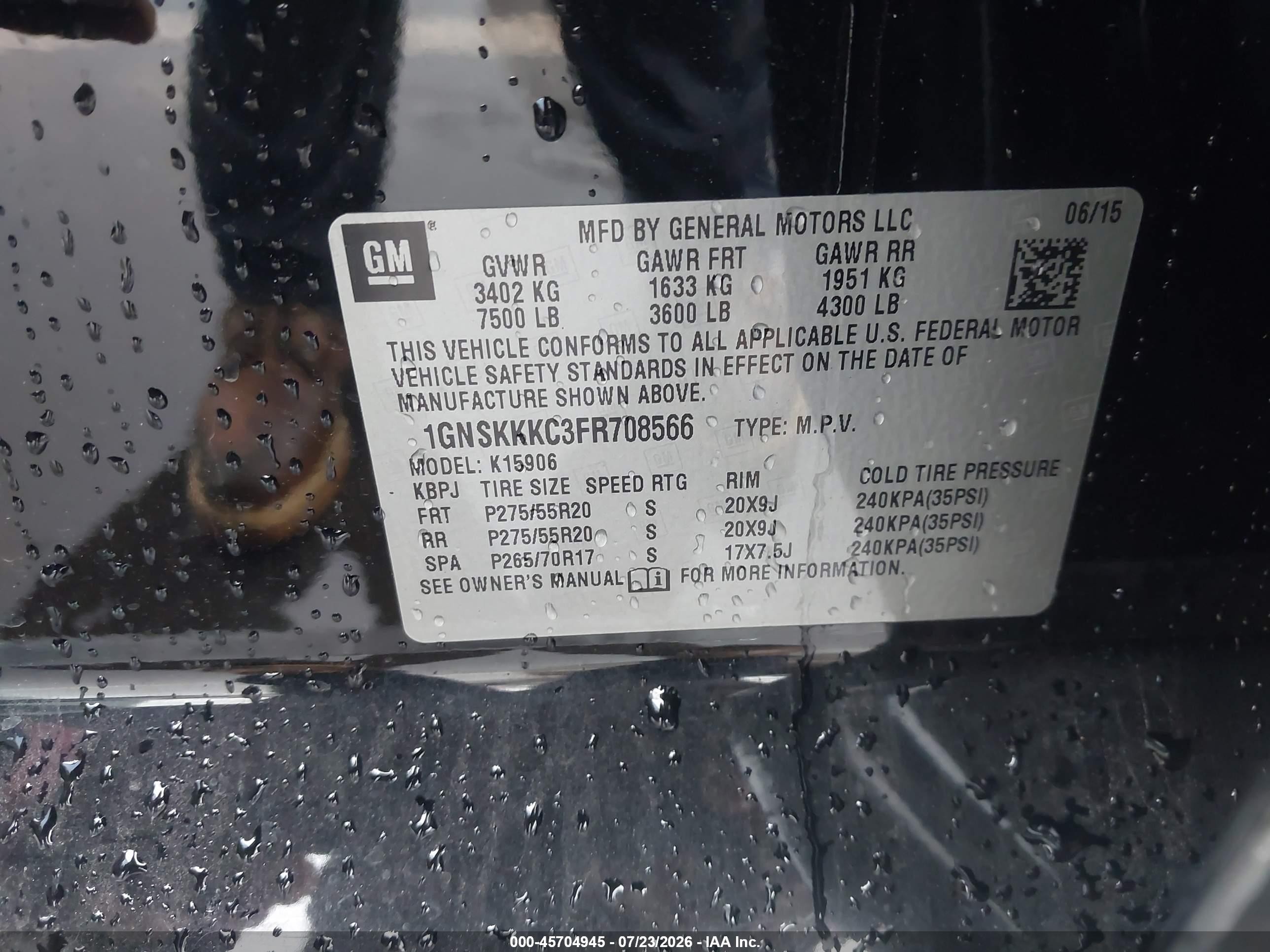 2015 Chevrolet Suburban Ltz Black vin: 1GNSKKKC3FR708566
