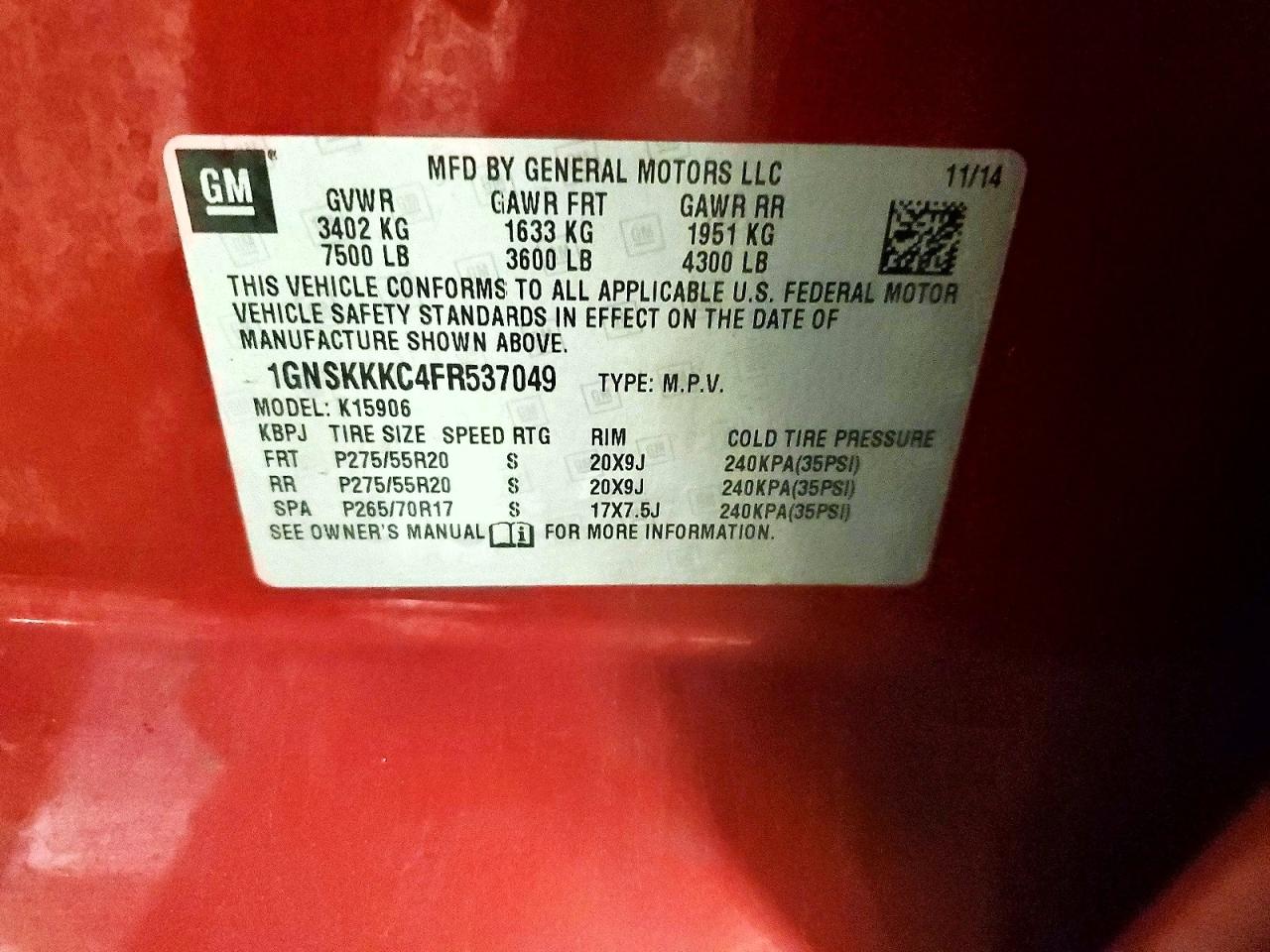 2015 Chevrolet Suburban K1500 Ltz Red vin: 1GNSKKKC4FR537049