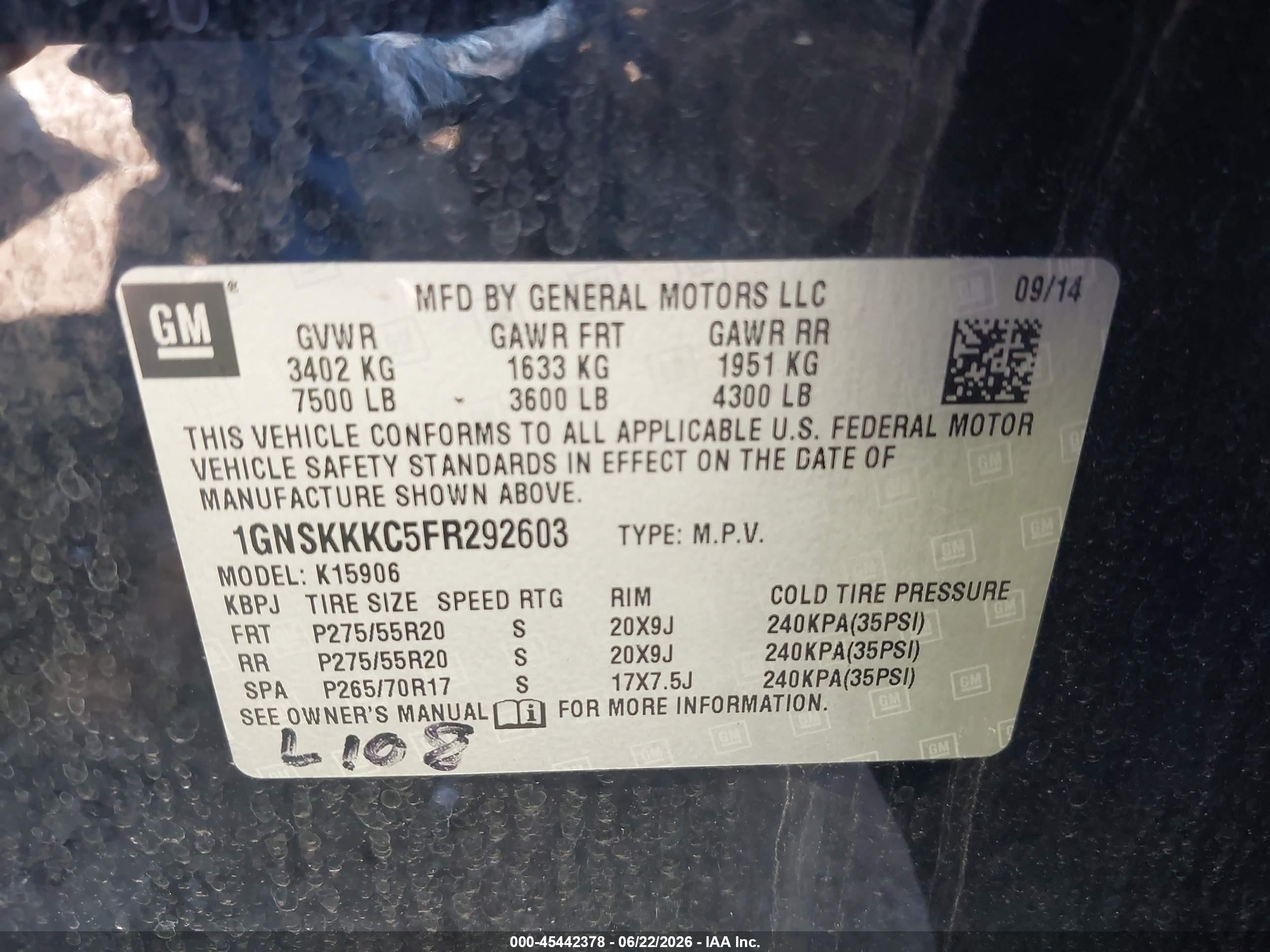 2015 Chevrolet Suburban Ltz Black vin: 1GNSKKKC5FR292603