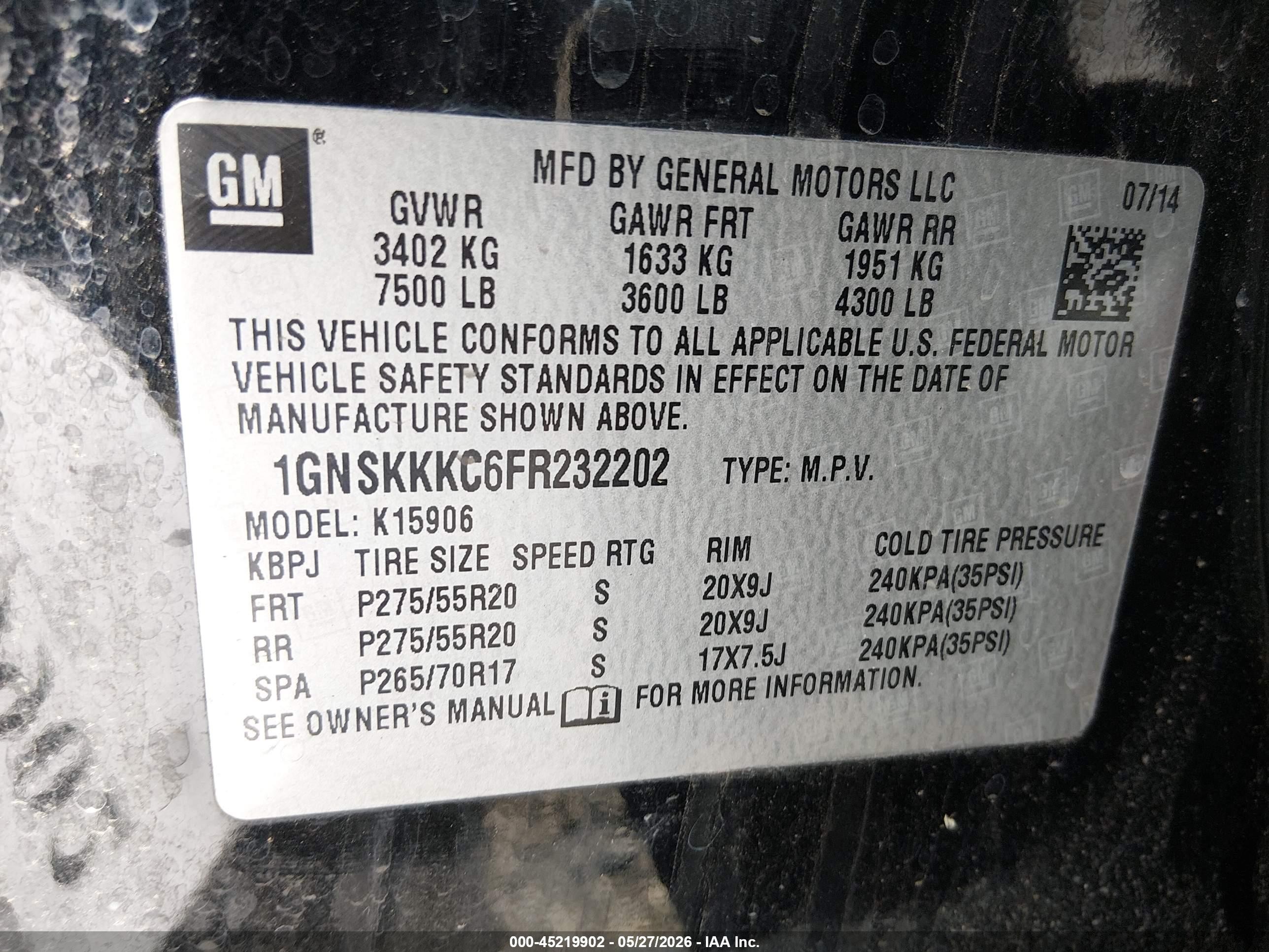 2015 Chevrolet Suburban 1500 Ltz Black vin: 1GNSKKKC6FR232202