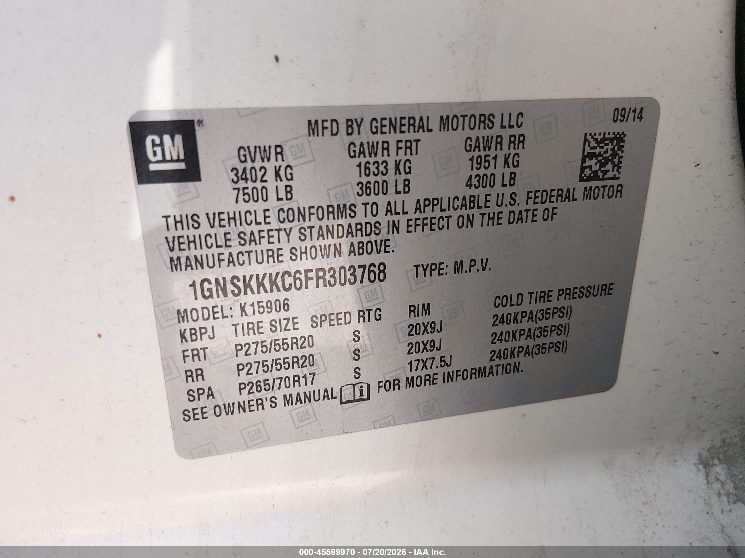 2015 Chevrolet Suburban Ltz White vin: 1GNSKKKC6FR303768