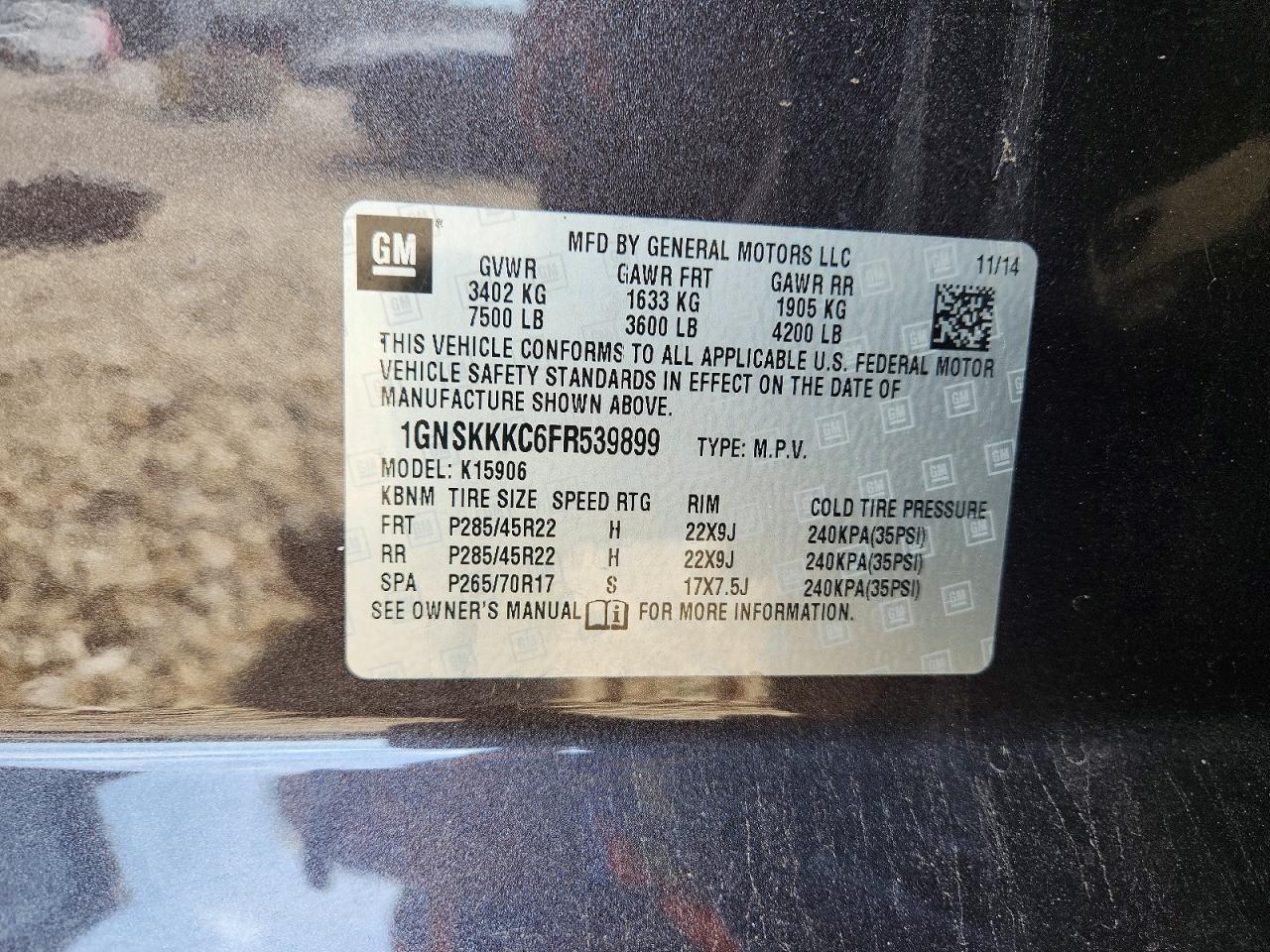 2015 Chevrolet Suburban K1500 Ltz Black vin: 1GNSKKKC6FR539899