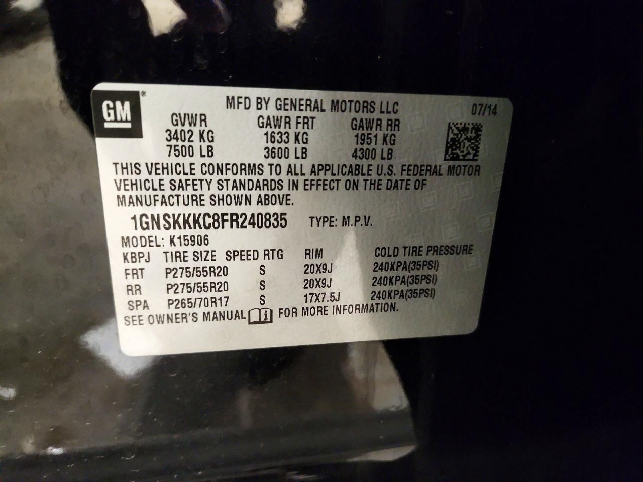 2015 Chevrolet Suburban K1500 Ltz Black vin: 1GNSKKKC8FR240835