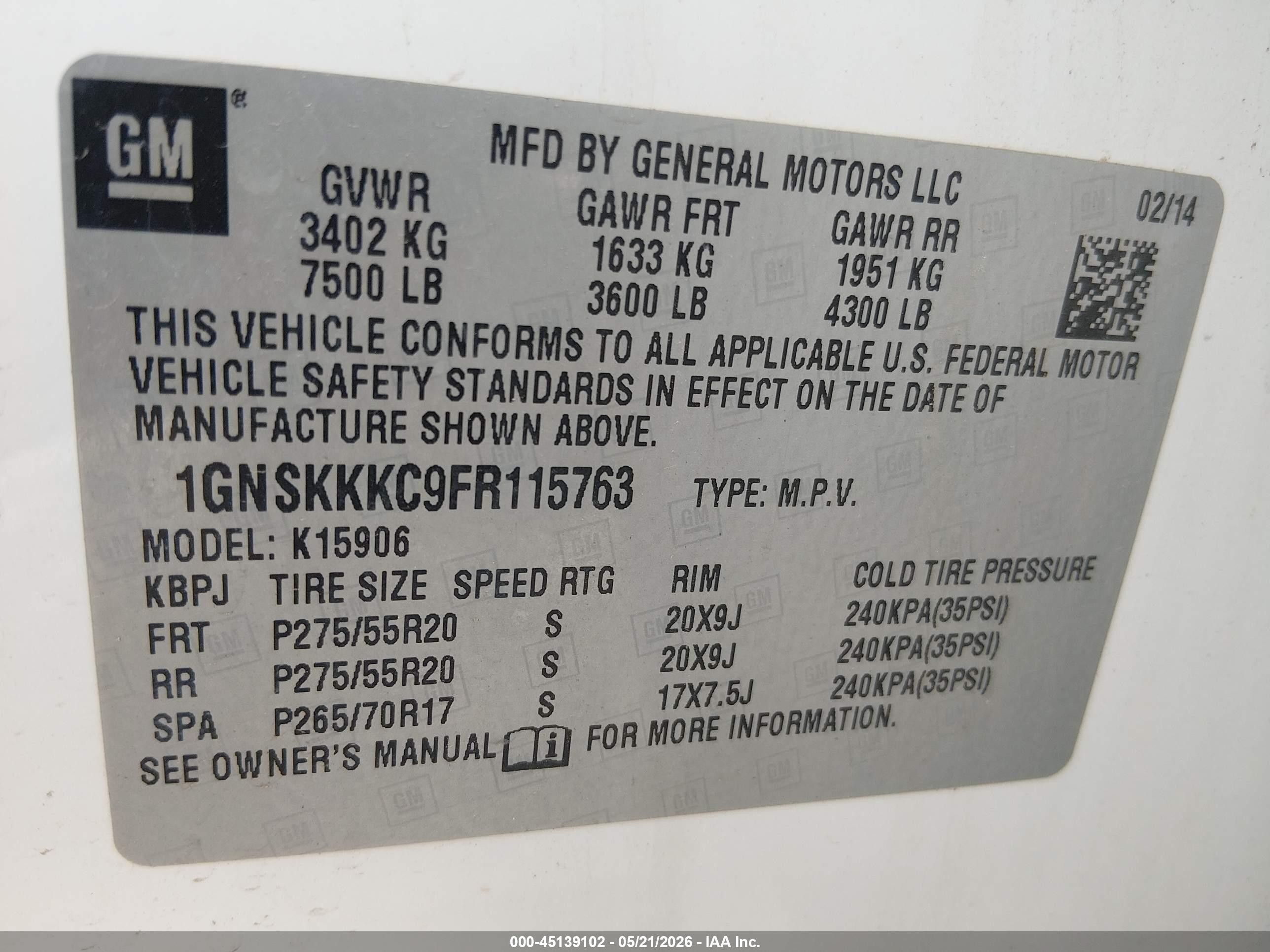 2015 Chevrolet Suburban 1500 Ltz White vin: 1GNSKKKC9FR115763