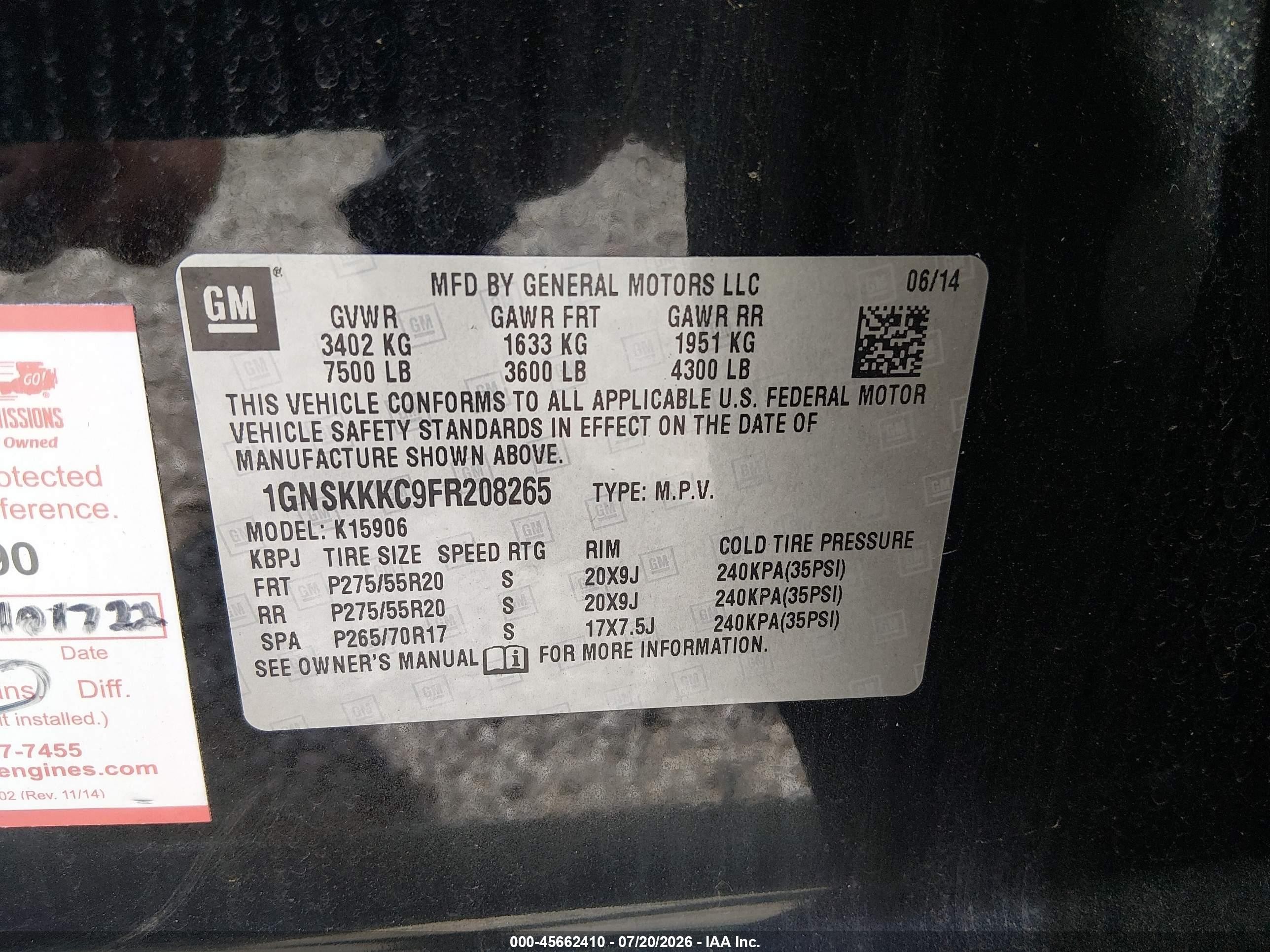 2015 Chevrolet Suburban Ltz Black vin: 1GNSKKKC9FR208265