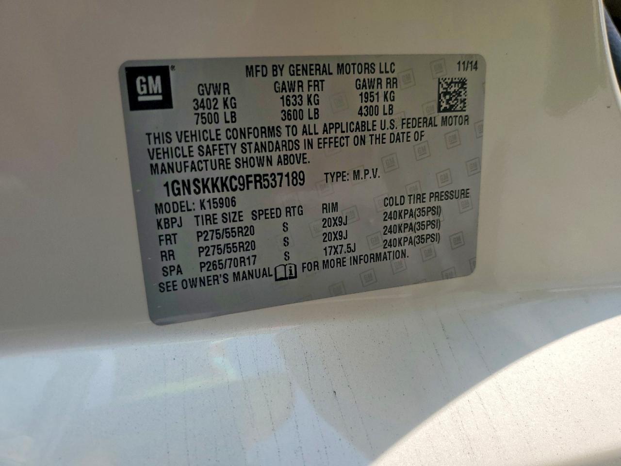 2015 Chevrolet Suburban K1500 Ltz White vin: 1GNSKKKC9FR537189