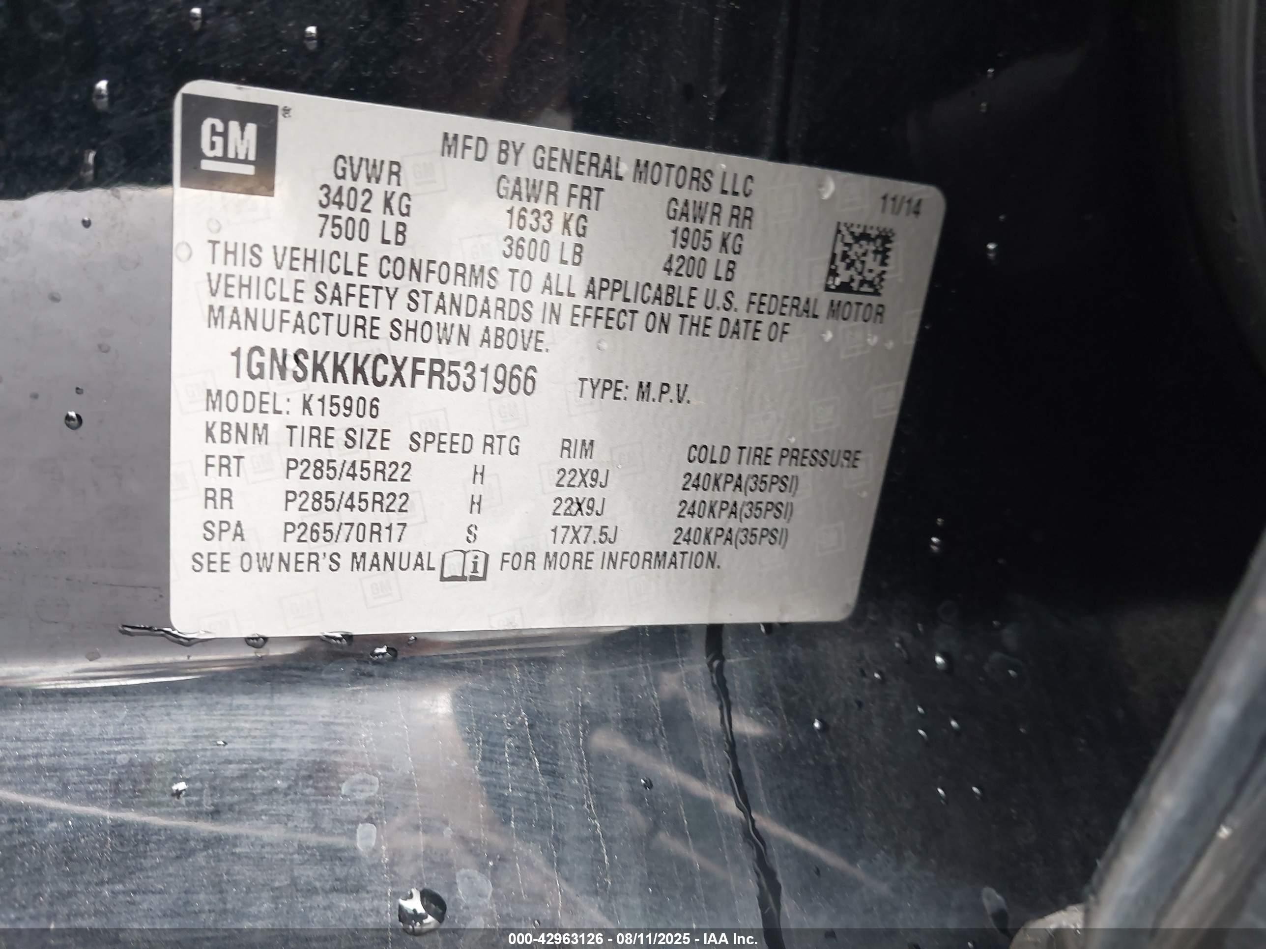 2015 Chevrolet Suburban 1500 Ltz Black vin: 1GNSKKKCXFR531966