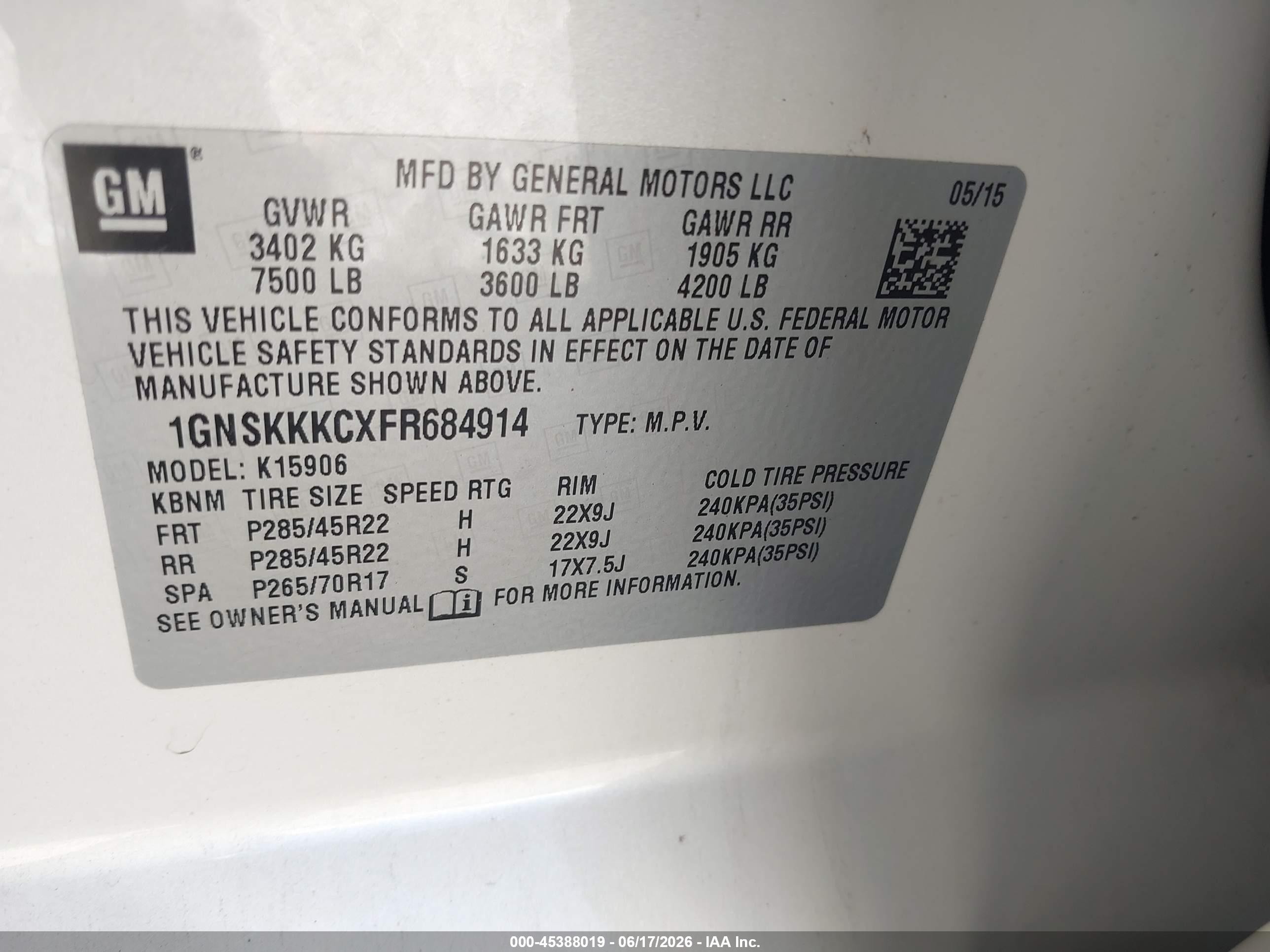 2015 Chevrolet Suburban Ltz White vin: 1GNSKKKCXFR684914