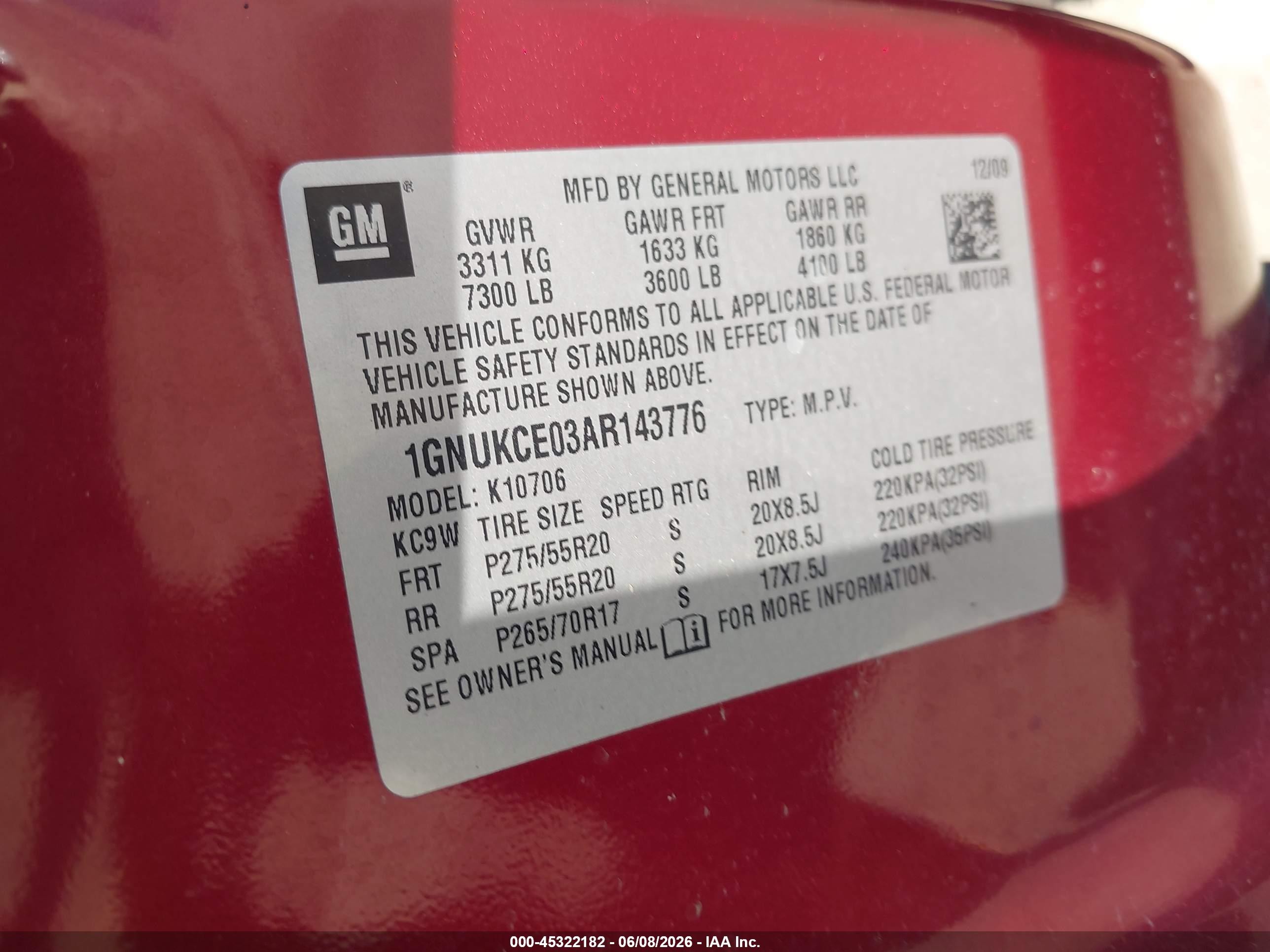 2010 Chevrolet Tahoe Ltz Red vin: 1GNUKCE03AR143776
