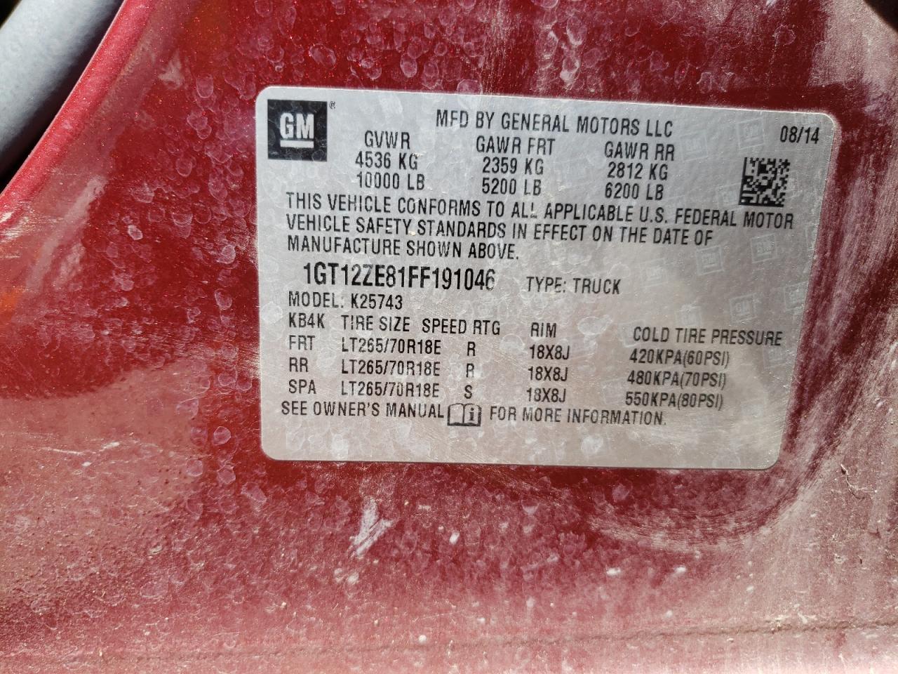2015 Gmc Sierra K2500 Slt Burgundy vin: 1GT12ZE81FF191046