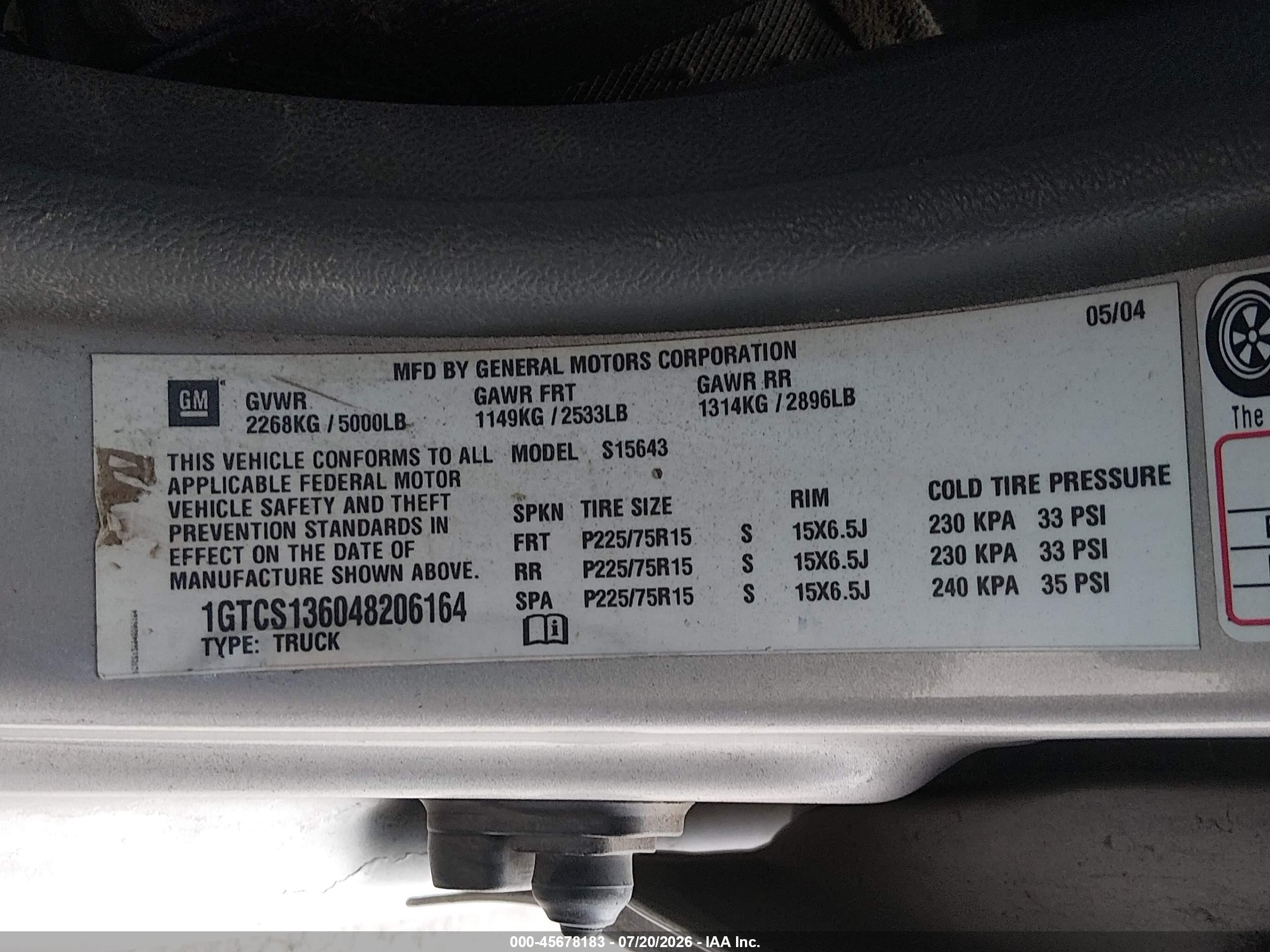 2004 Gmc Canyon Sle Silver vin: 1GTCS136048206164