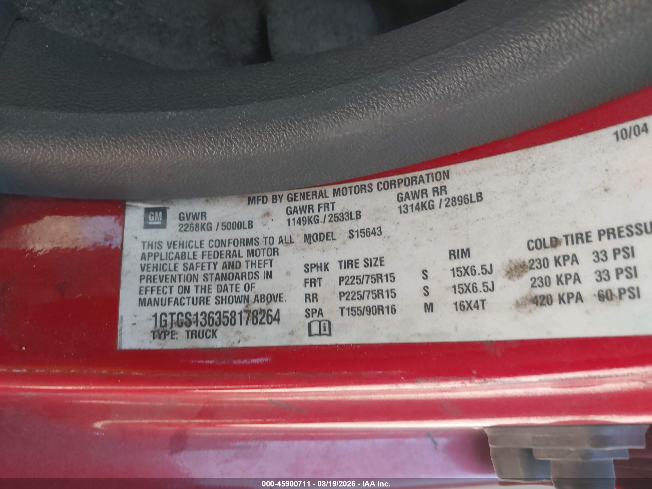 2005 Gmc Canyon Sle Red vin: 1GTCS136358178264