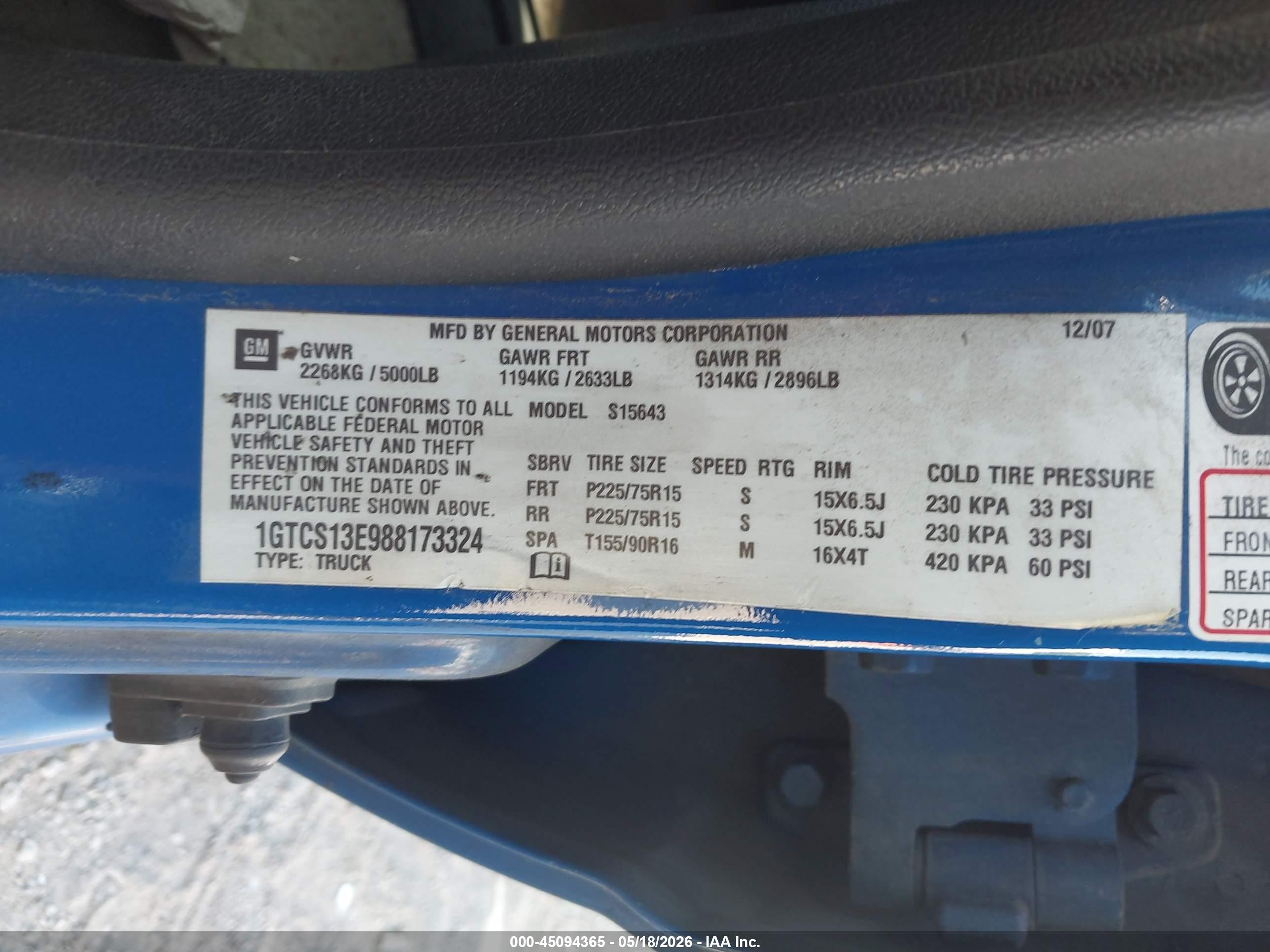 2008 Gmc Canyon Sle2 Blue vin: 1GTCS13E988173324