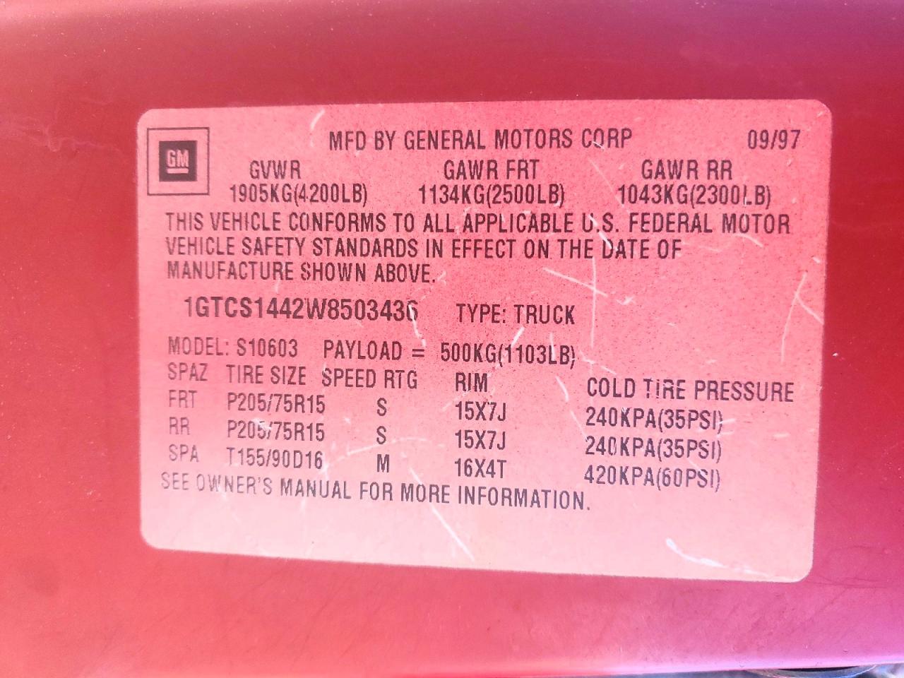 1998 Gmc Sonoma Red vin: 1GTCS1442W8503436