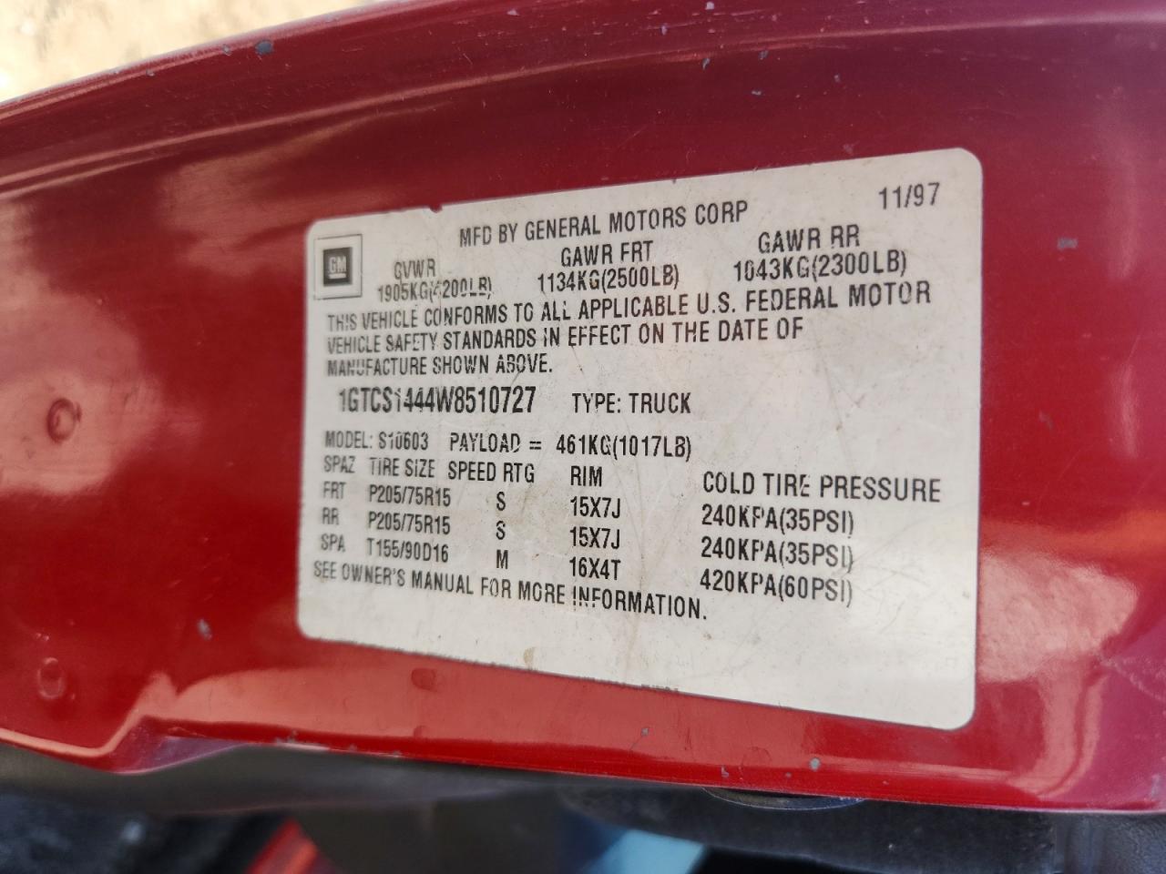 1998 Gmc Sonoma Red vin: 1GTCS1444W8510727