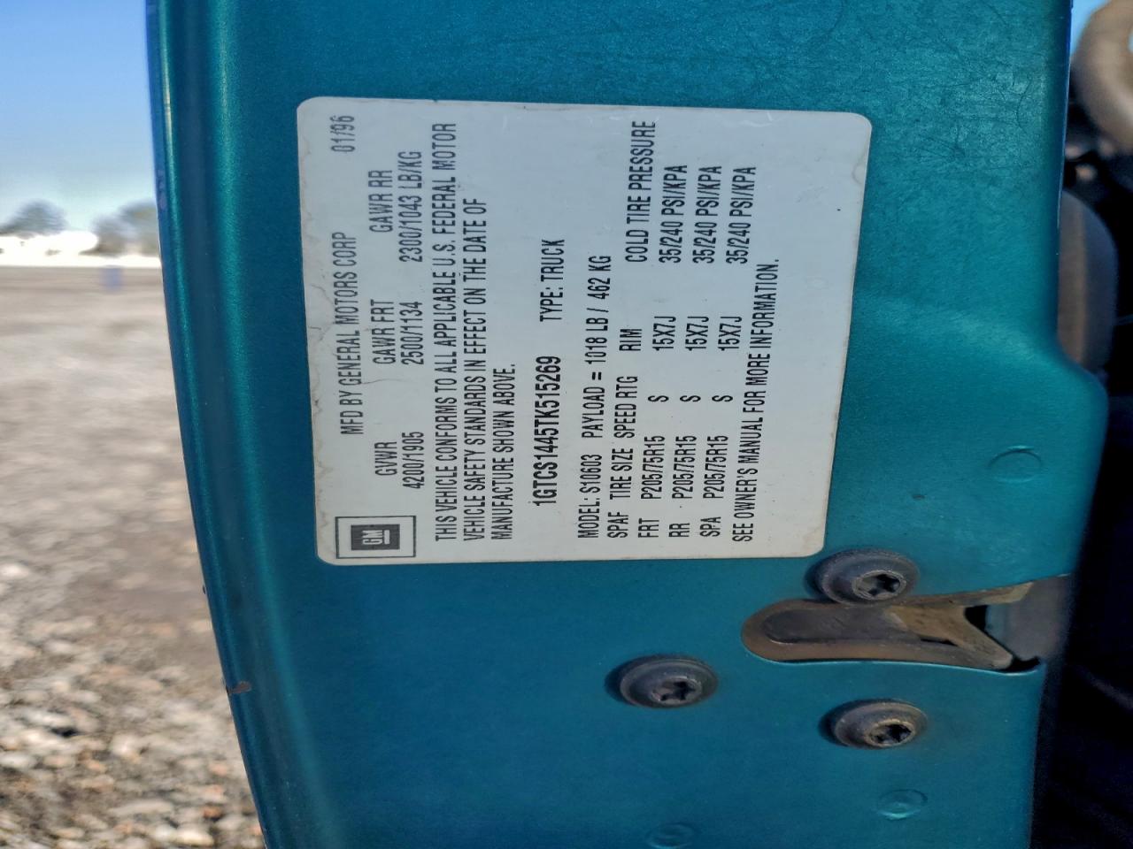 1996 Gmc Sonoma Teal vin: 1GTCS1445TK515269