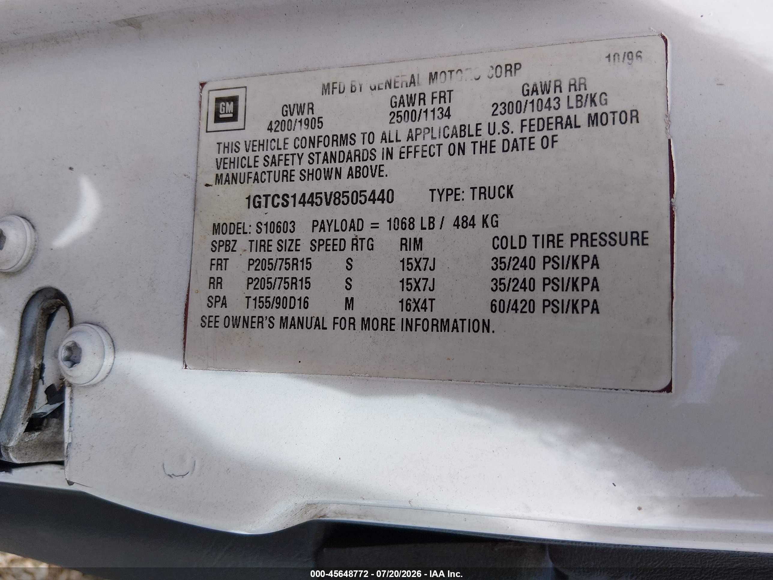 1997 Gmc Sonoma Sl Wideside White vin: 1GTCS1445V8505440