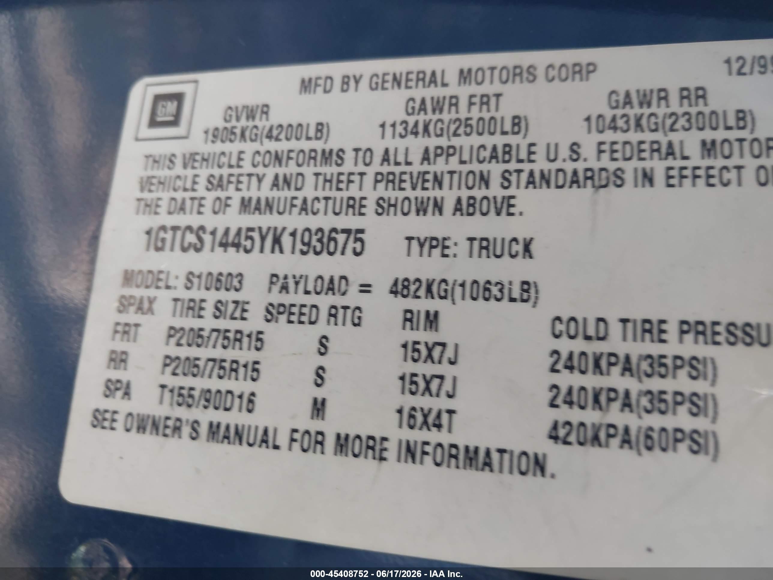 2000 Gmc Sonoma Sls Blue vin: 1GTCS1445YK193675