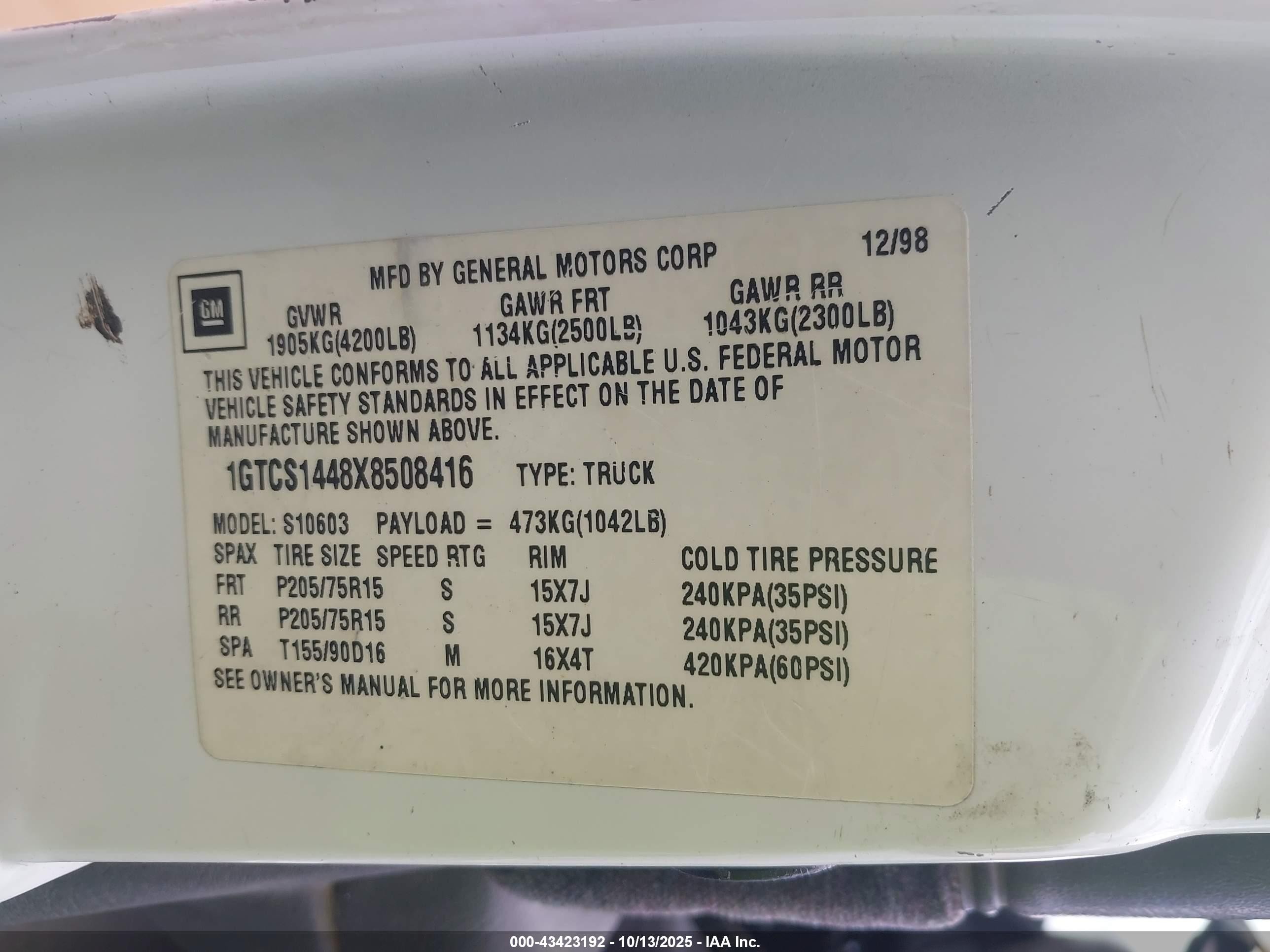 1999 Gmc Sonoma Sls Белый vin: 1GTCS1448X8508416