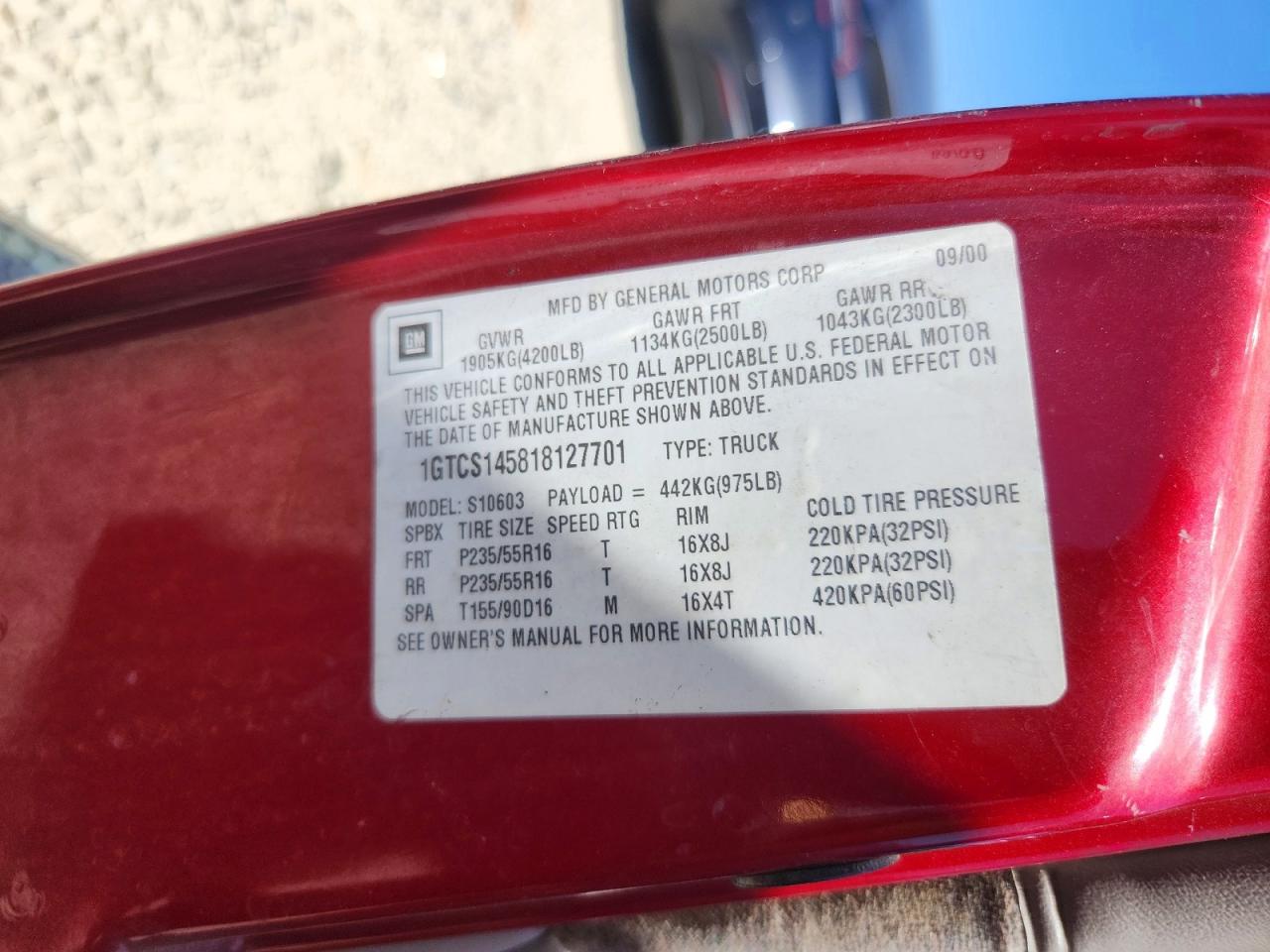 2001 Gmc Sonoma Red vin: 1GTCS145818127701