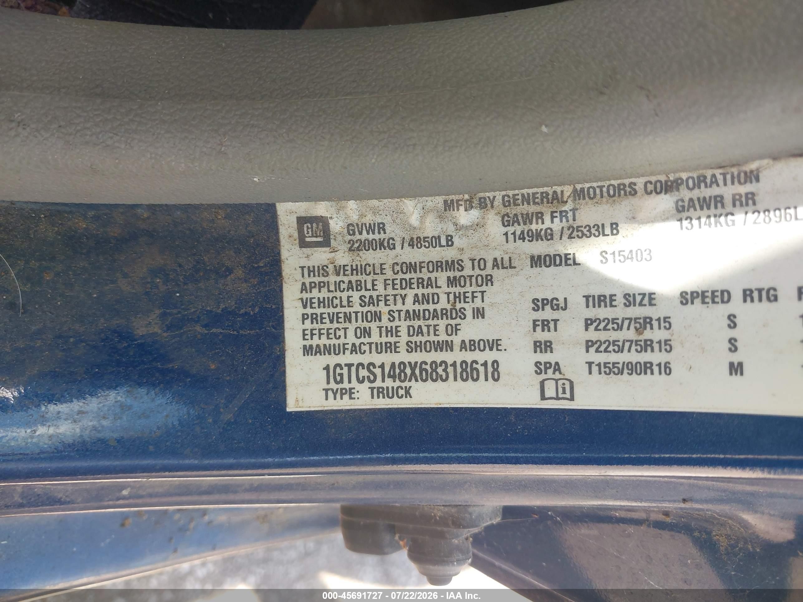 2006 Gmc Canyon Sl Blue vin: 1GTCS148X68318618