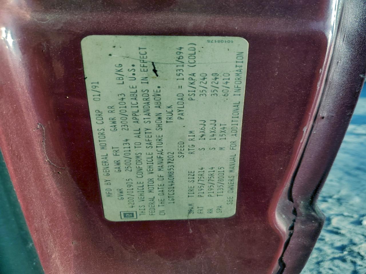 1991 Gmc Sonoma Red vin: 1GTCS14A0M8537202