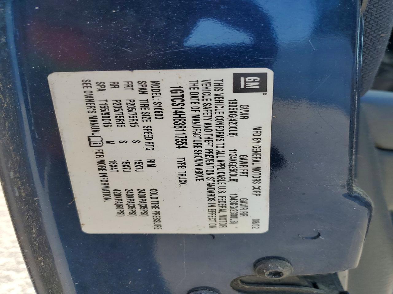 2003 Gmc Sonoma Blue vin: 1GTCS14H838117554