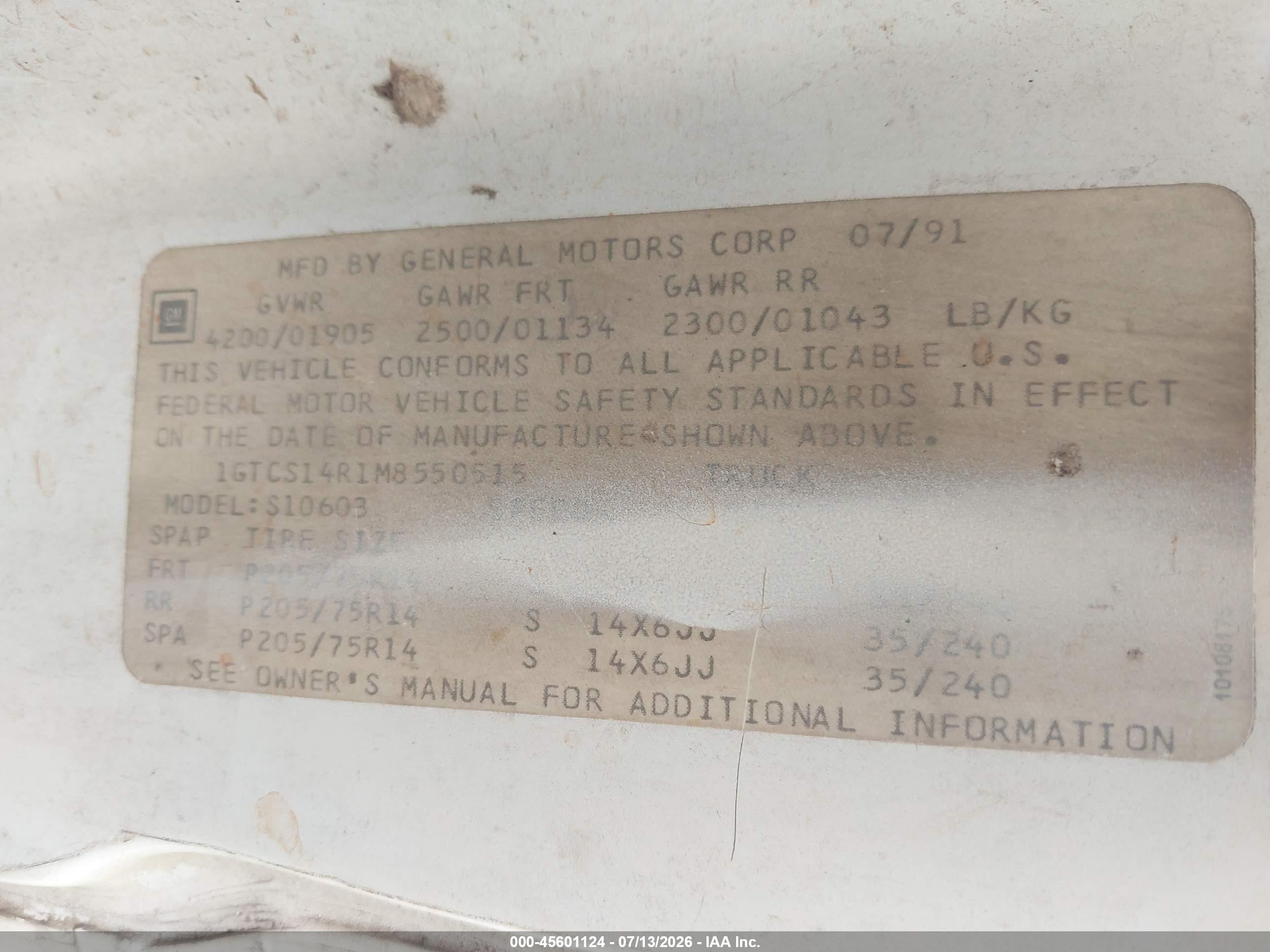 1991 Gmc Sonoma   Белый vin: 1GTCS14R1M8550515