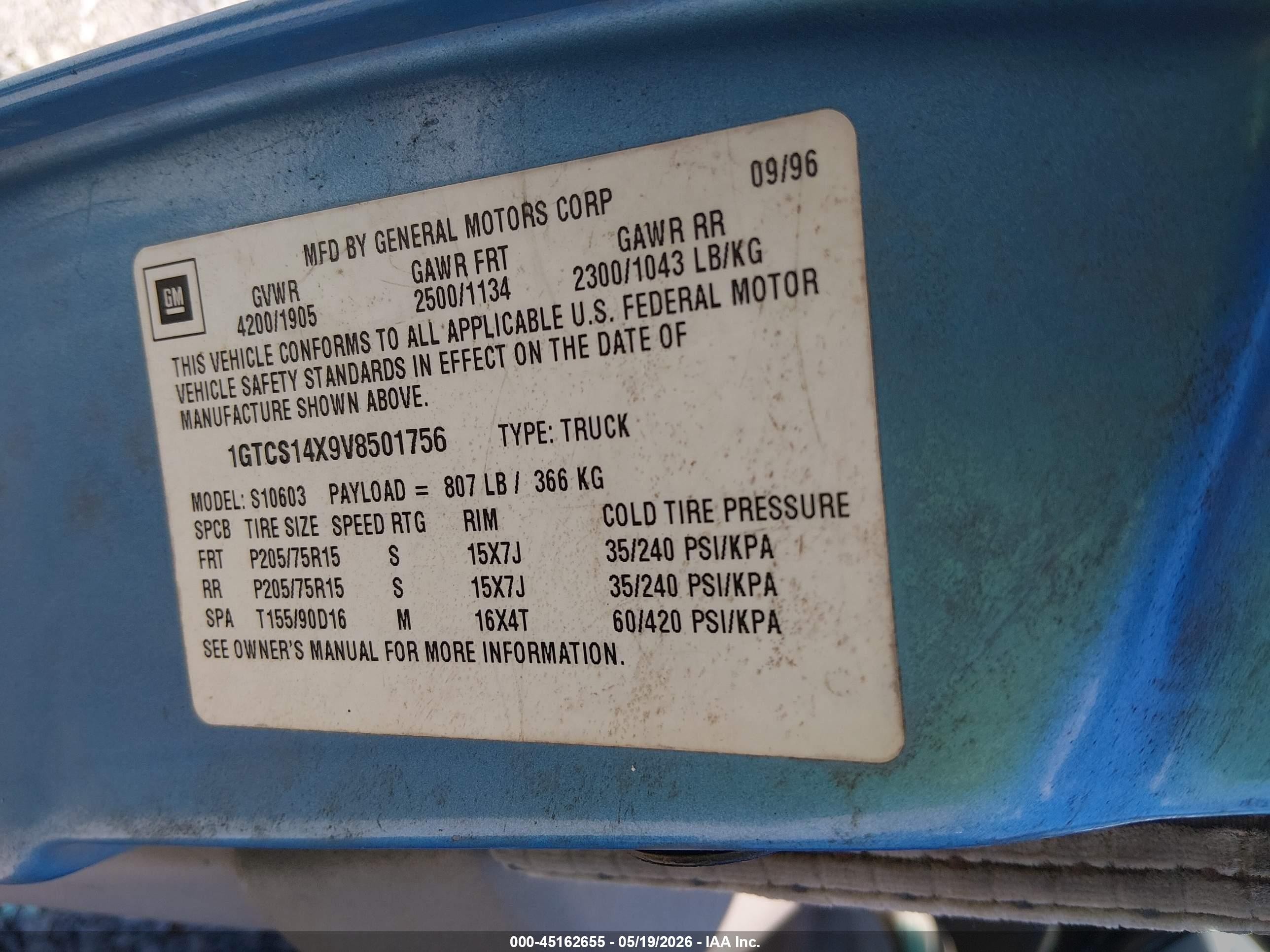 1997 Gmc Sonoma Sls Wideside Blue vin: 1GTCS14X9V8501756