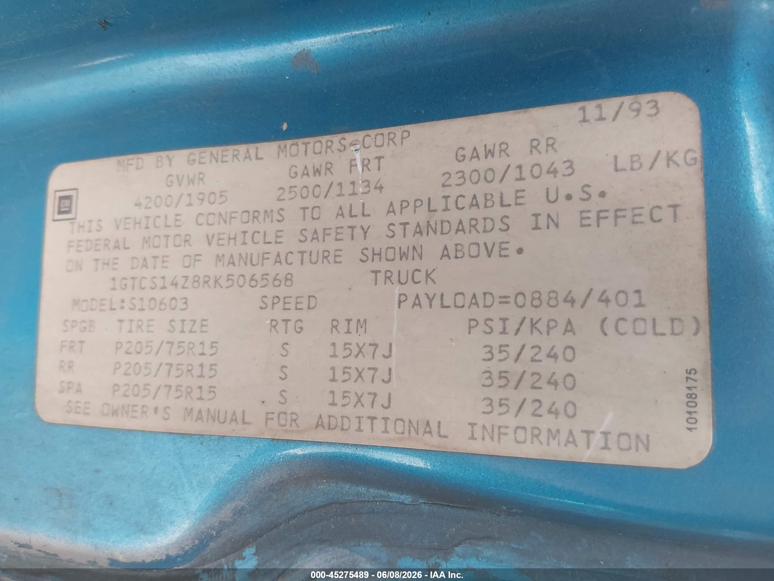 1994 Gmc Sonoma   Blue vin: 1GTCS14Z8RK506568