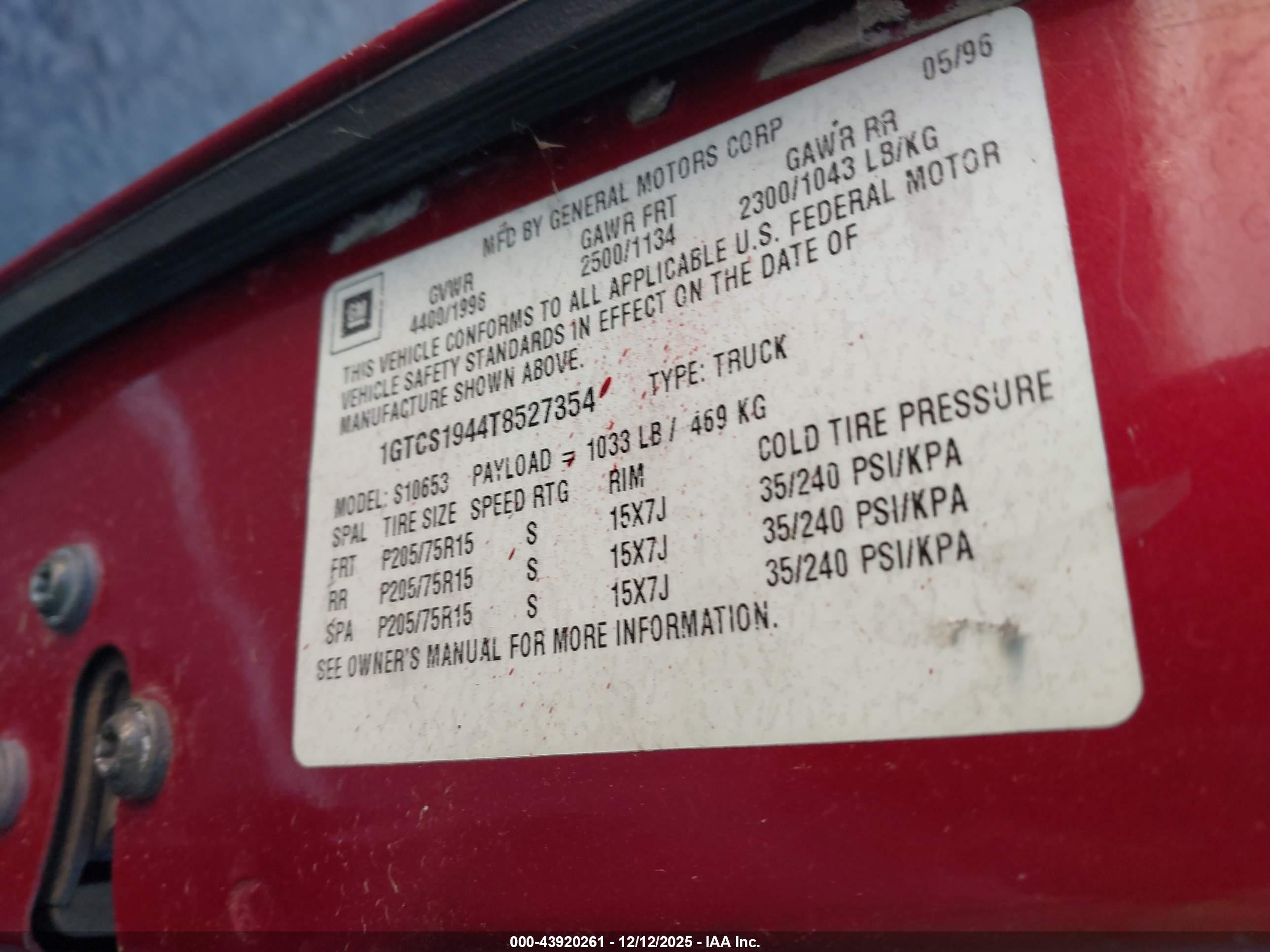 1996 Gmc Sonoma   Red vin: 1GTCS1944T8527354