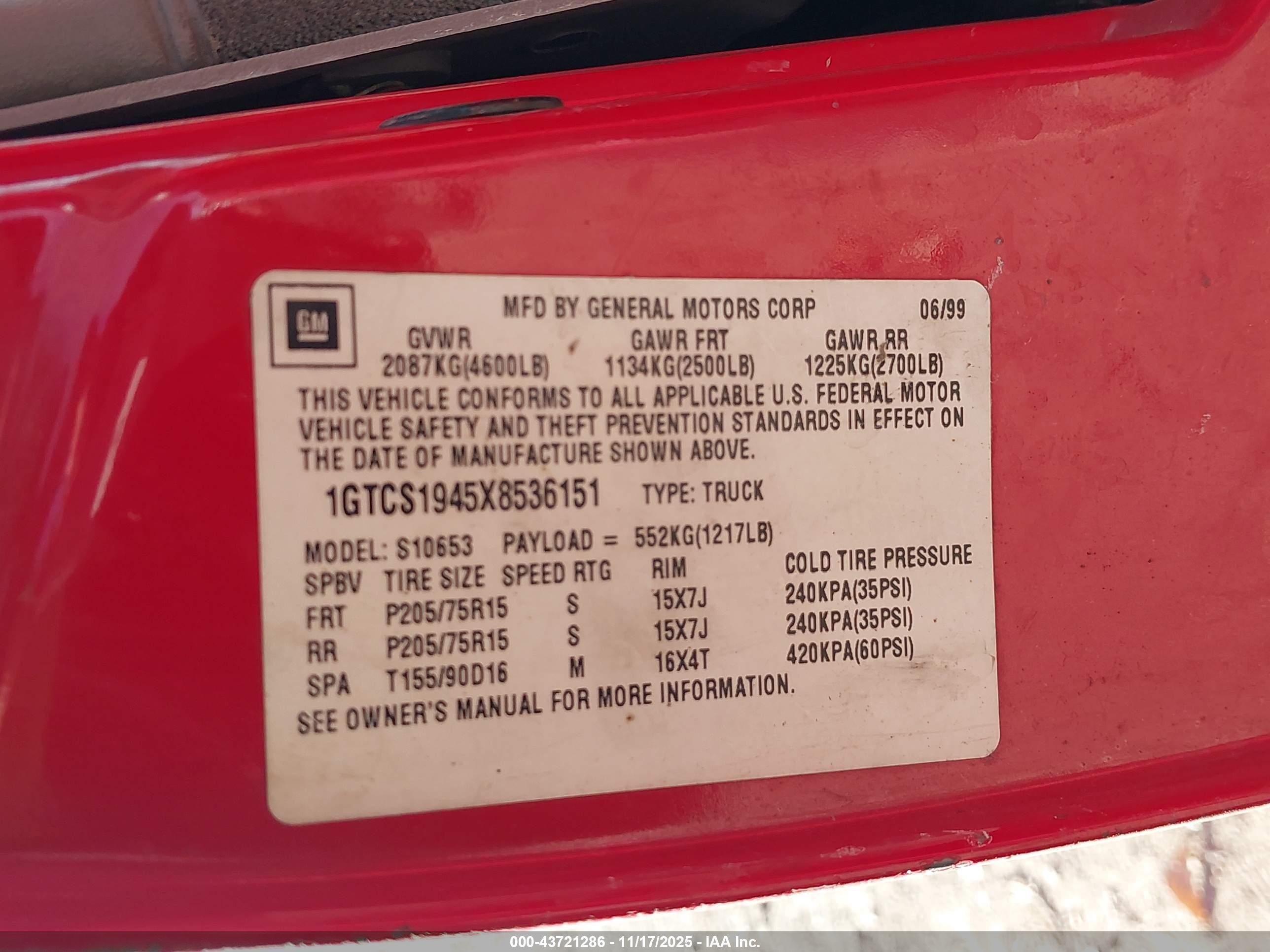 1999 Gmc Sonoma Sls Red vin: 1GTCS1945X8536151