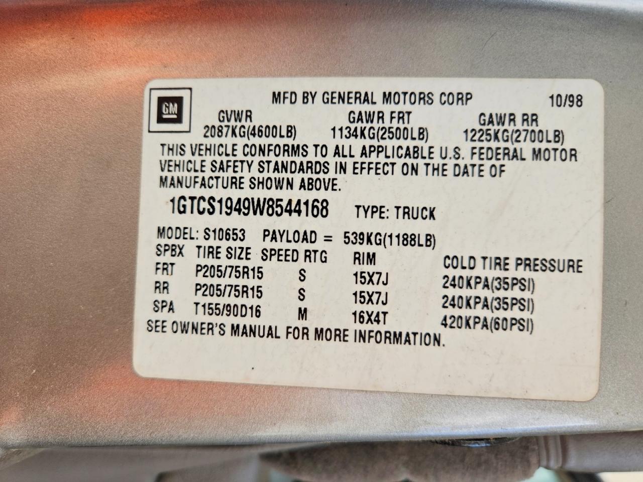 1998 Gmc Sonoma Gold vin: 1GTCS1949W8544168