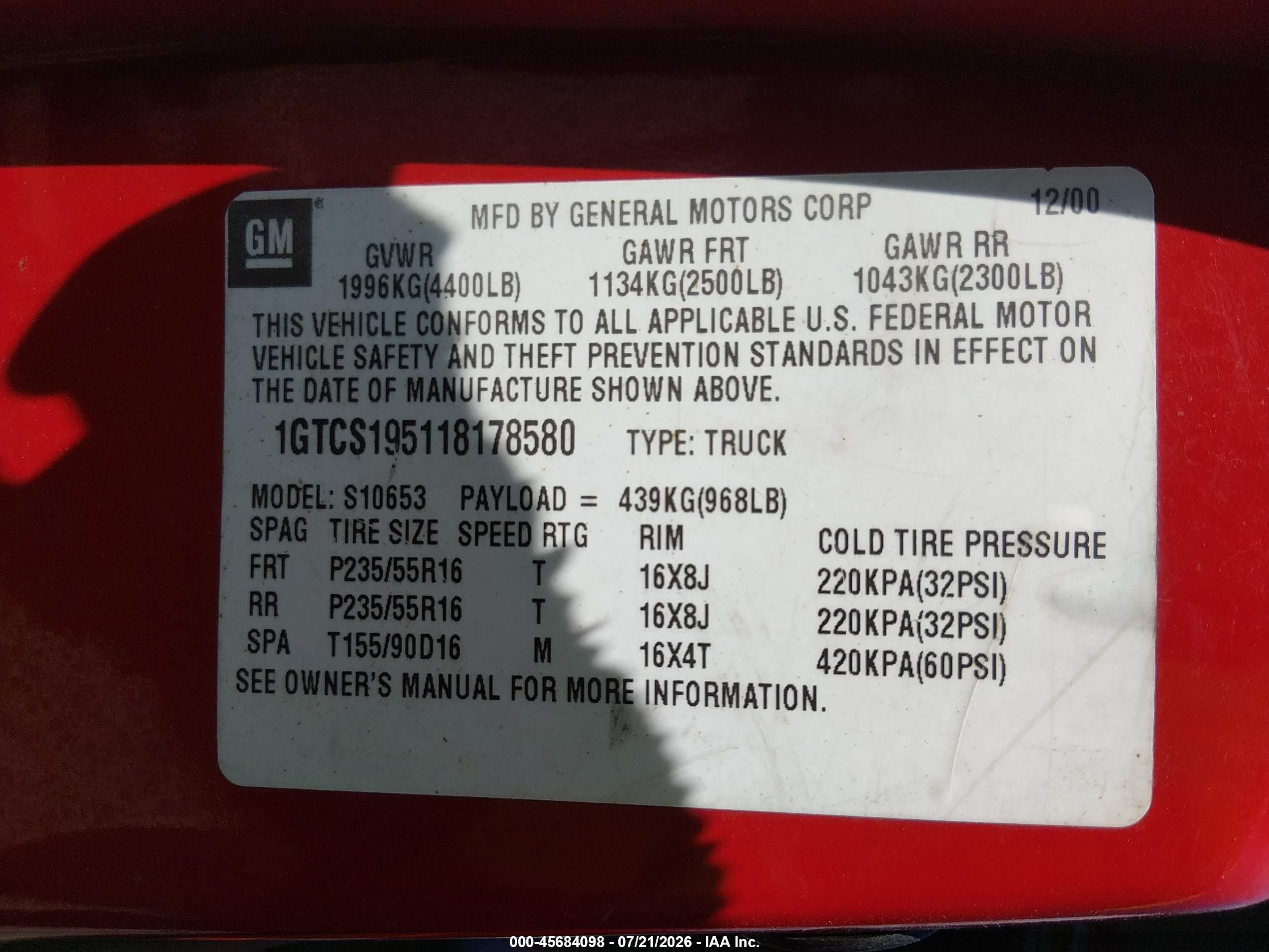 2001 Gmc Sonoma Sls Red vin: 1GTCS195118178580