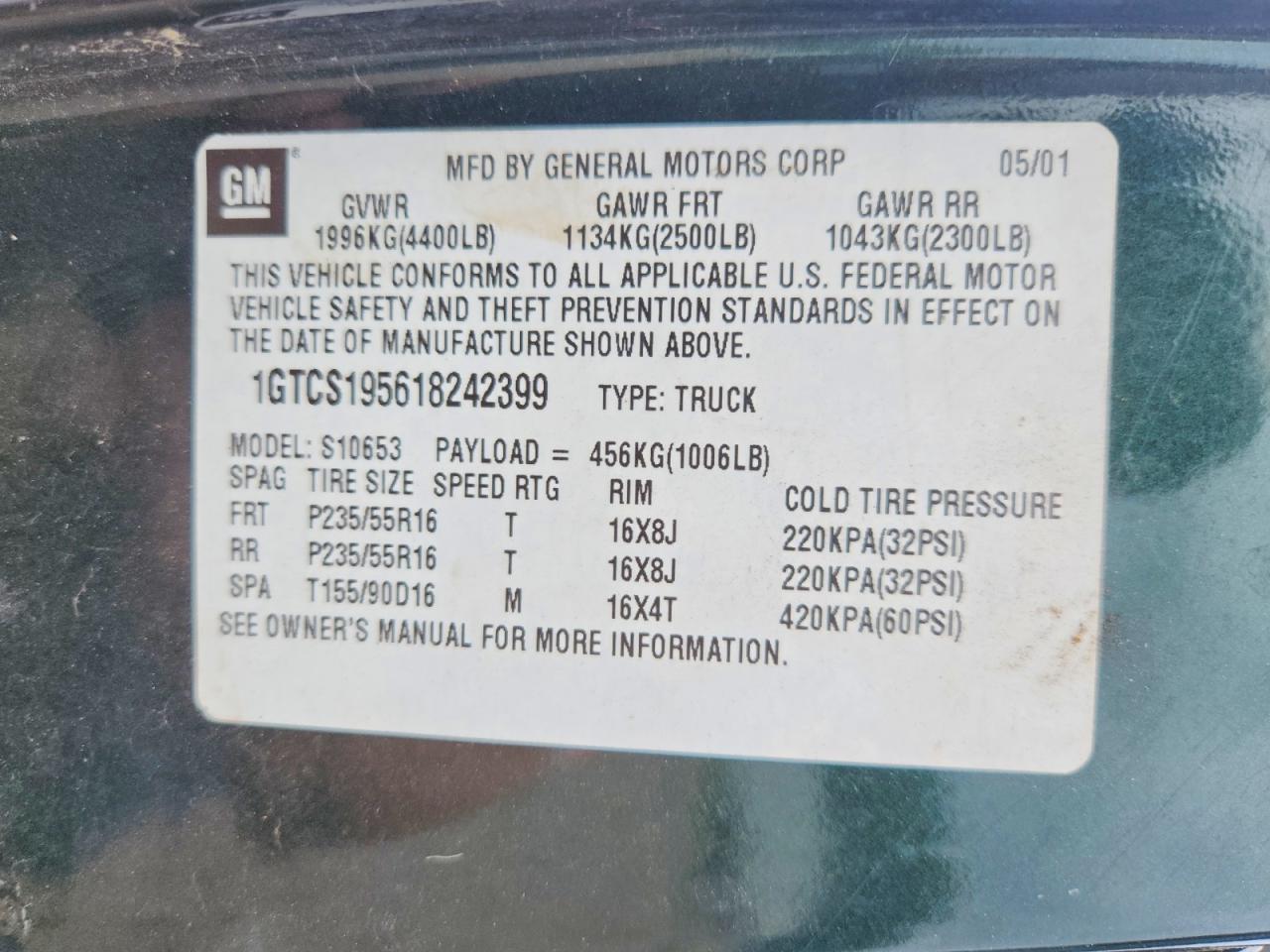 2001 Gmc Sonoma Green vin: 1GTCS195618242399