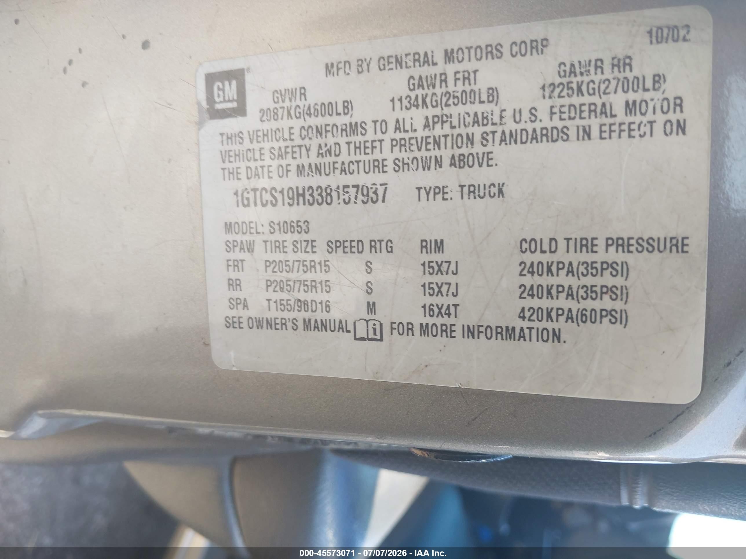 2003 Gmc Sonoma Sls Серый vin: 1GTCS19H338157937