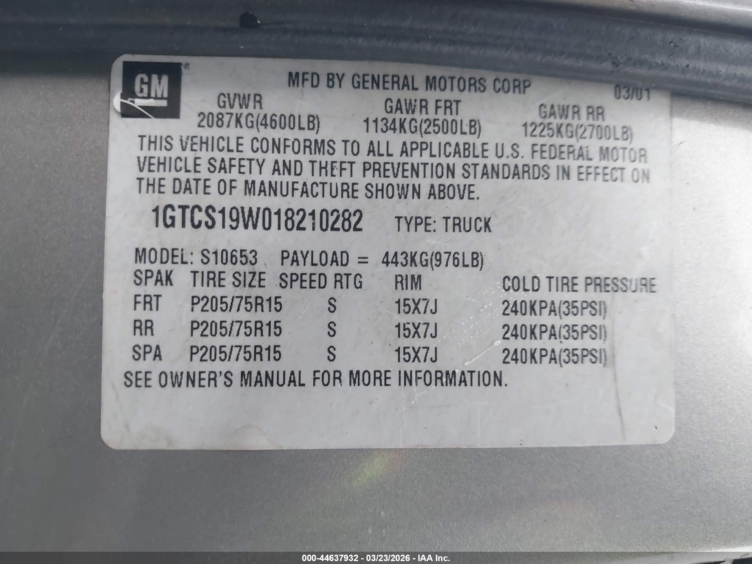 2001 Gmc Sonoma Sls Желто-коричневый vin: 1GTCS19W018210282
