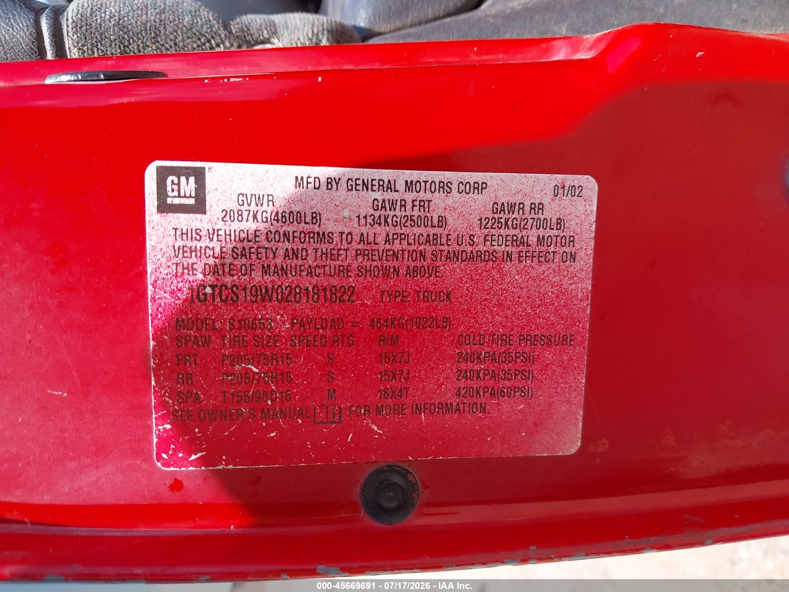 2002 Gmc Sonoma Sls Red vin: 1GTCS19W028181822