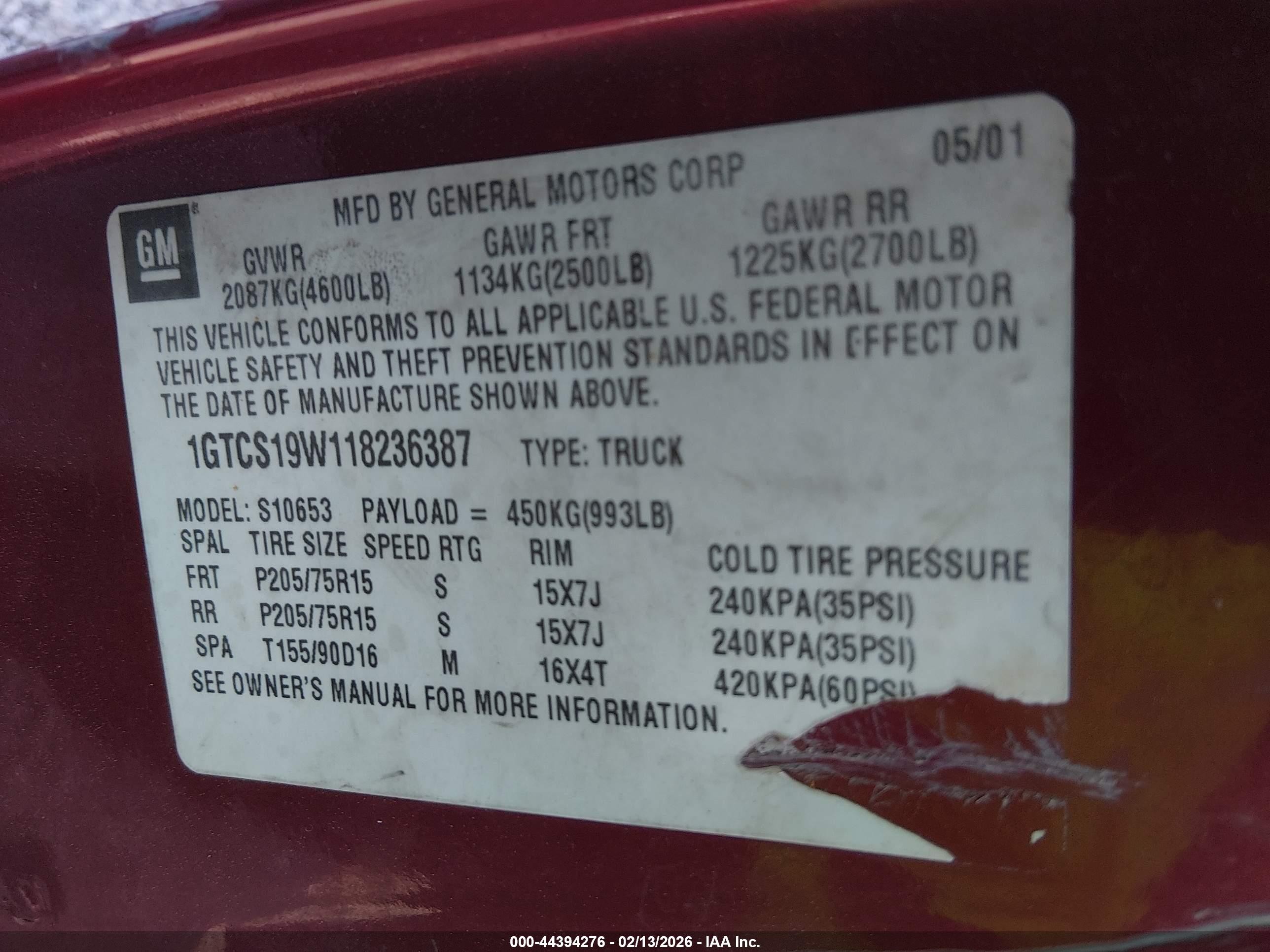 2001 Gmc Sonoma Sls Red vin: 1GTCS19W118236387