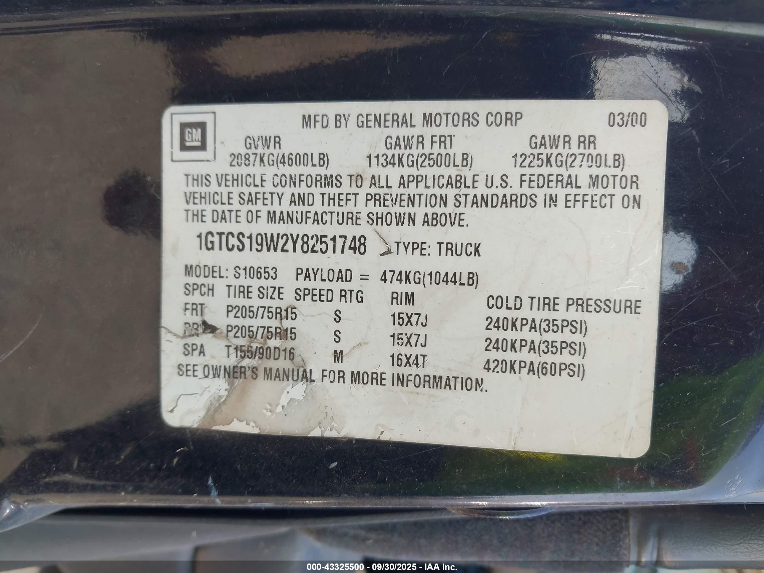 2000 Gmc Sonoma Sls Черный vin: 1GTCS19W2Y8251748