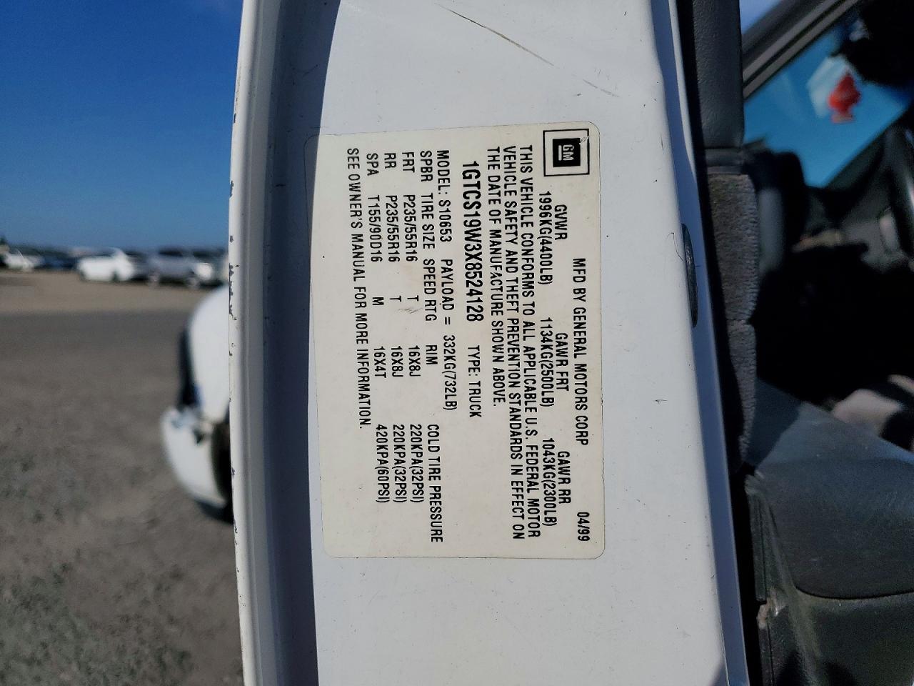 1999 Gmc Sonoma Белый vin: 1GTCS19W3X8524128