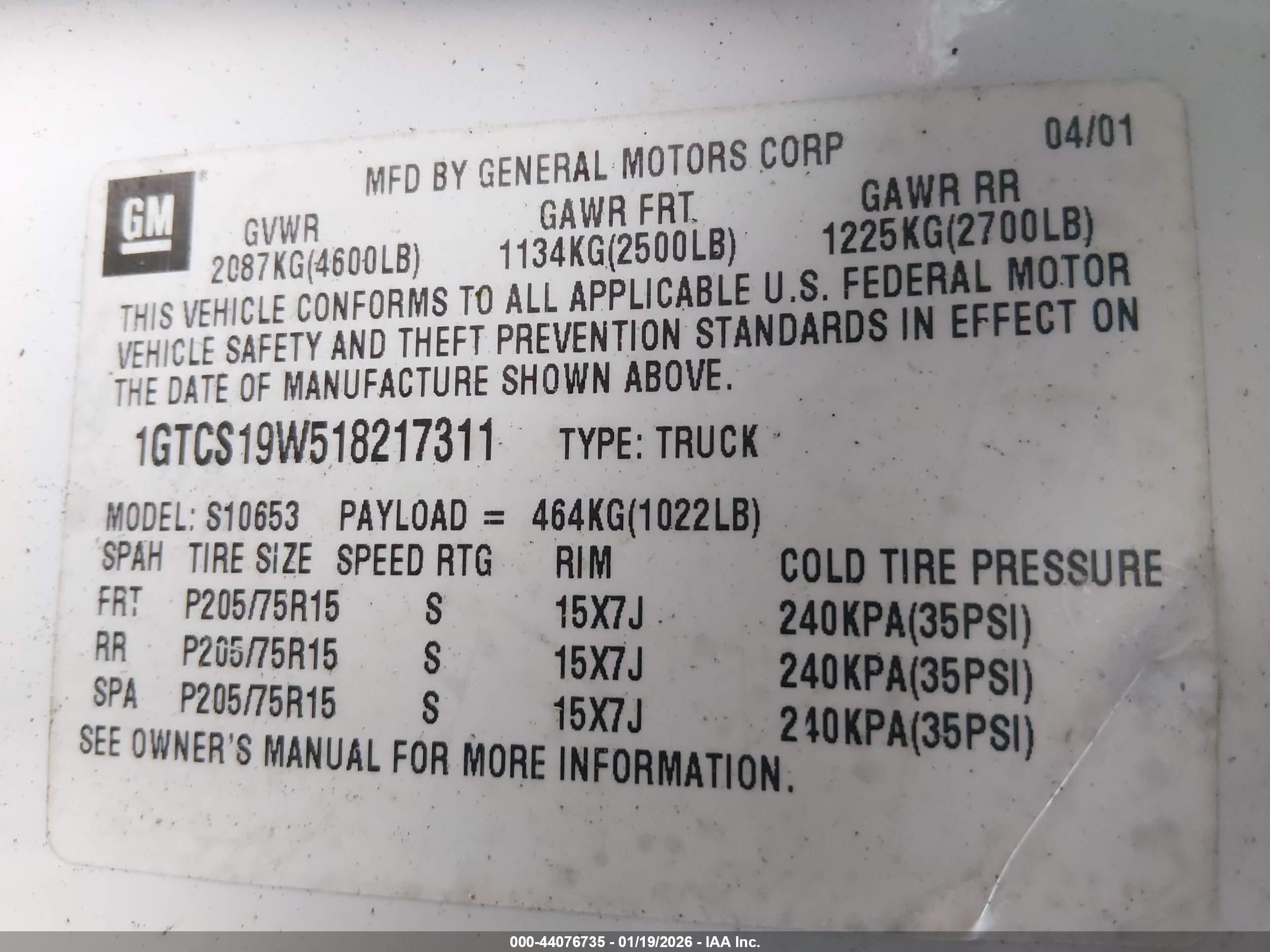 2001 Gmc Sonoma Sl White vin: 1GTCS19W518217311