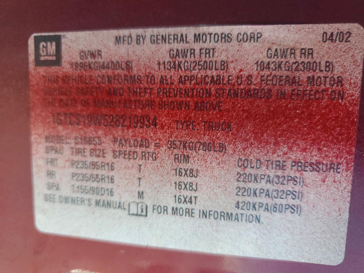 2002 Gmc Sonoma Red vin: 1GTCS19W528219934