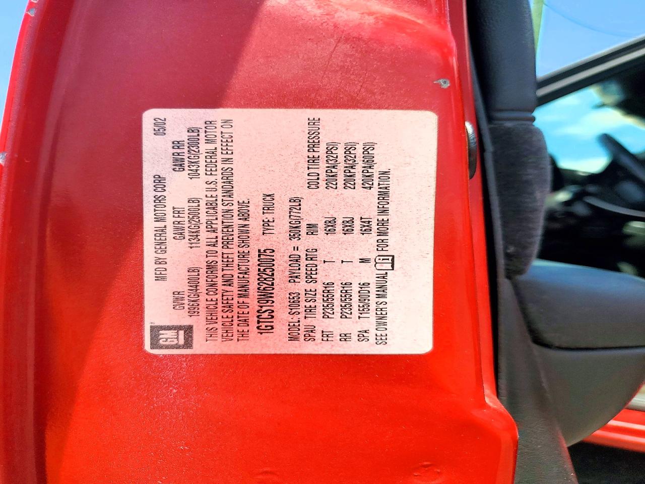 2002 Gmc Sonoma Red vin: 1GTCS19W628250075