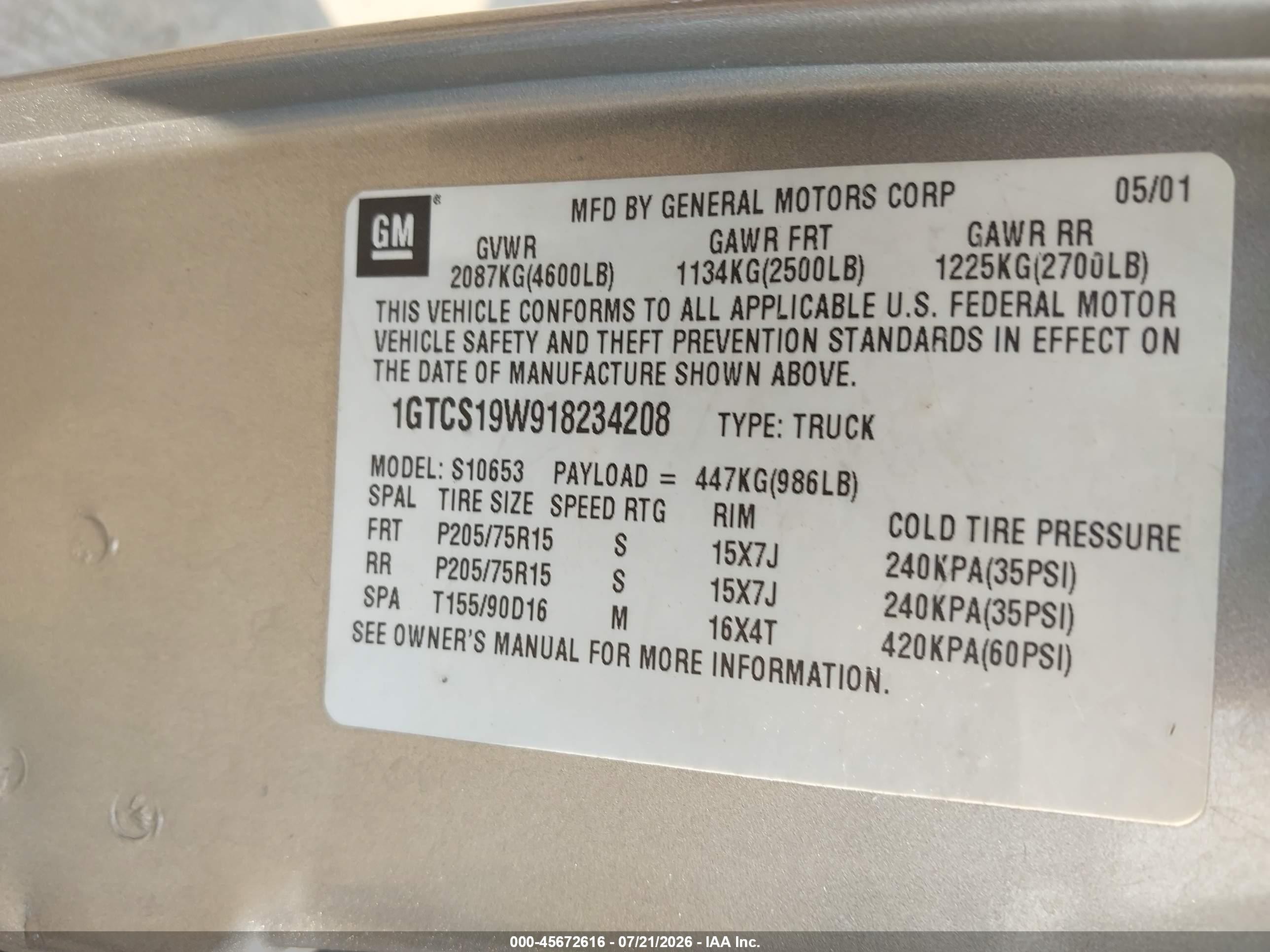 2001 Gmc Sonoma Sls Pewter vin: 1GTCS19W918234208