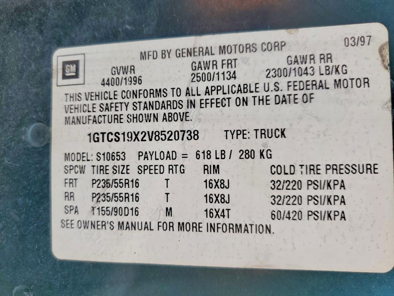 1997 Gmc Sonoma Green vin: 1GTCS19X2V8520738