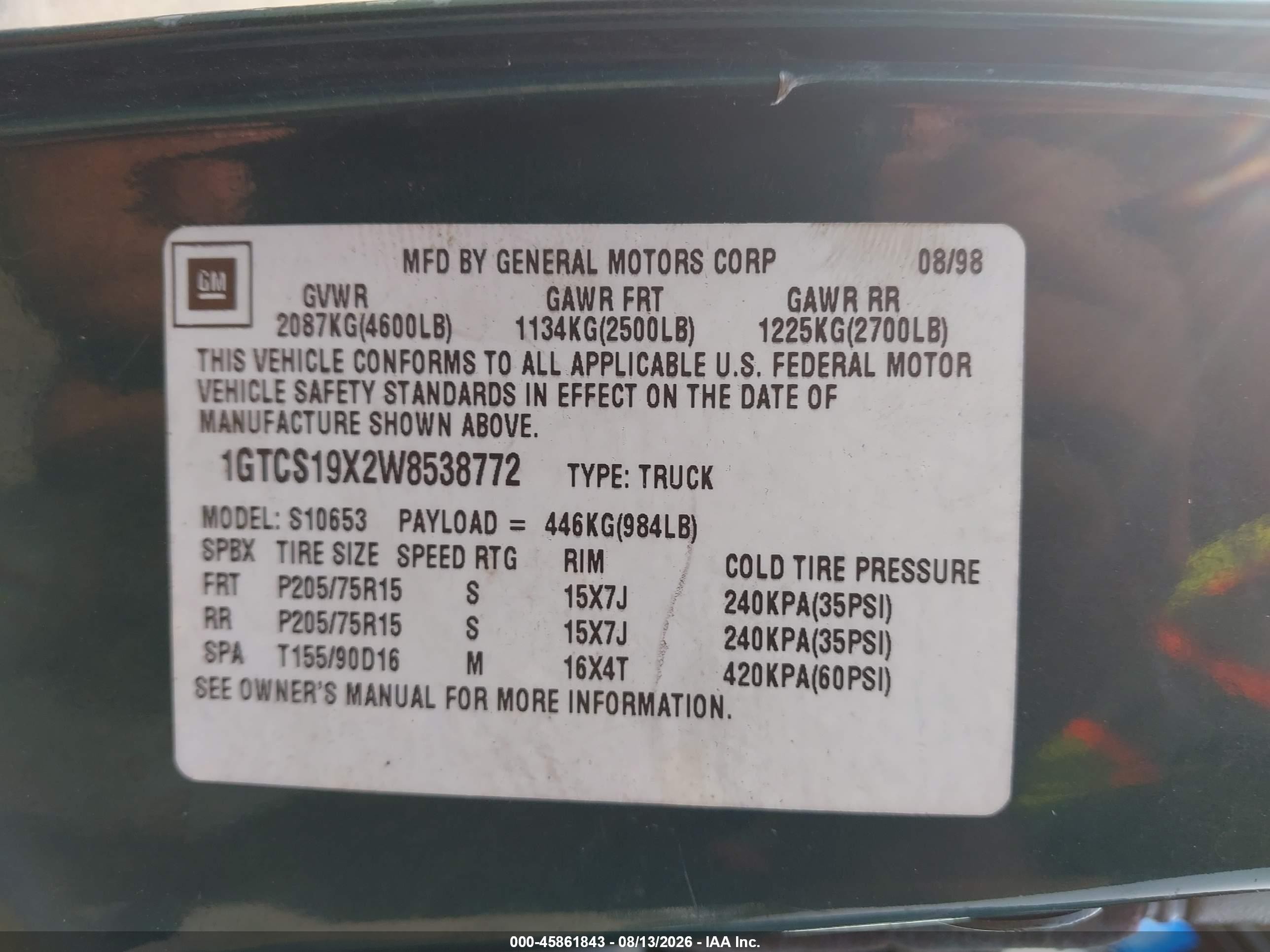 1998 Gmc Sonoma Sls Зеленый vin: 1GTCS19X2W8538772