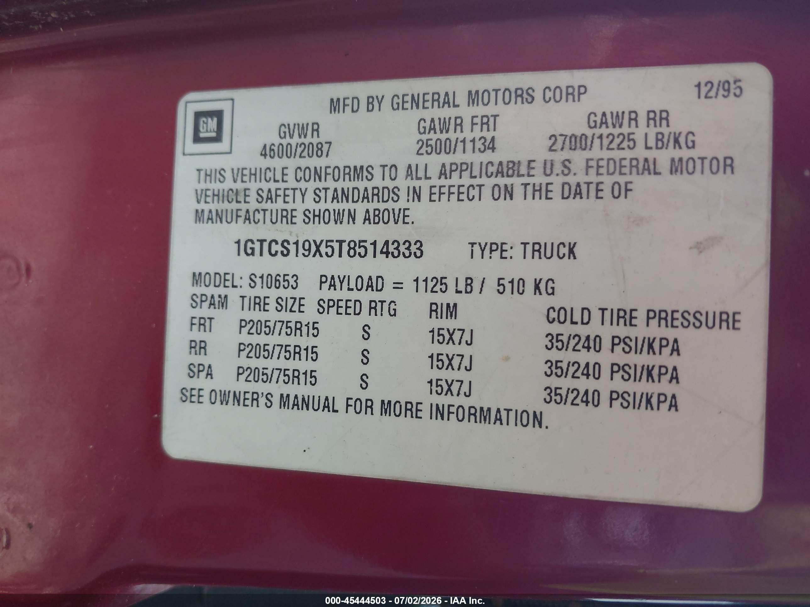 1996 Gmc Sonoma   Maroon vin: 1GTCS19X5T8514333